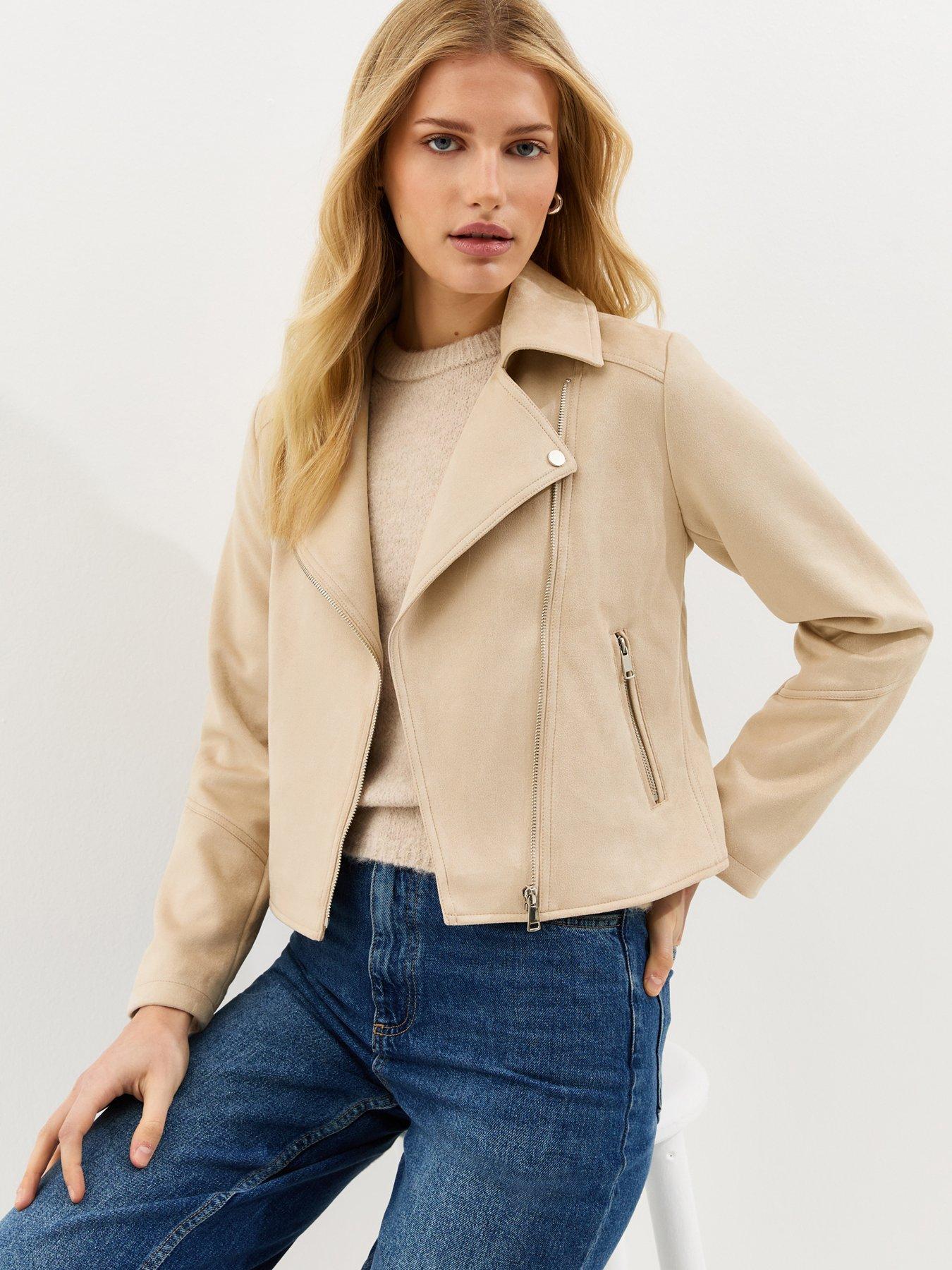 New Look Faux Suede Biker Jacket - Stone