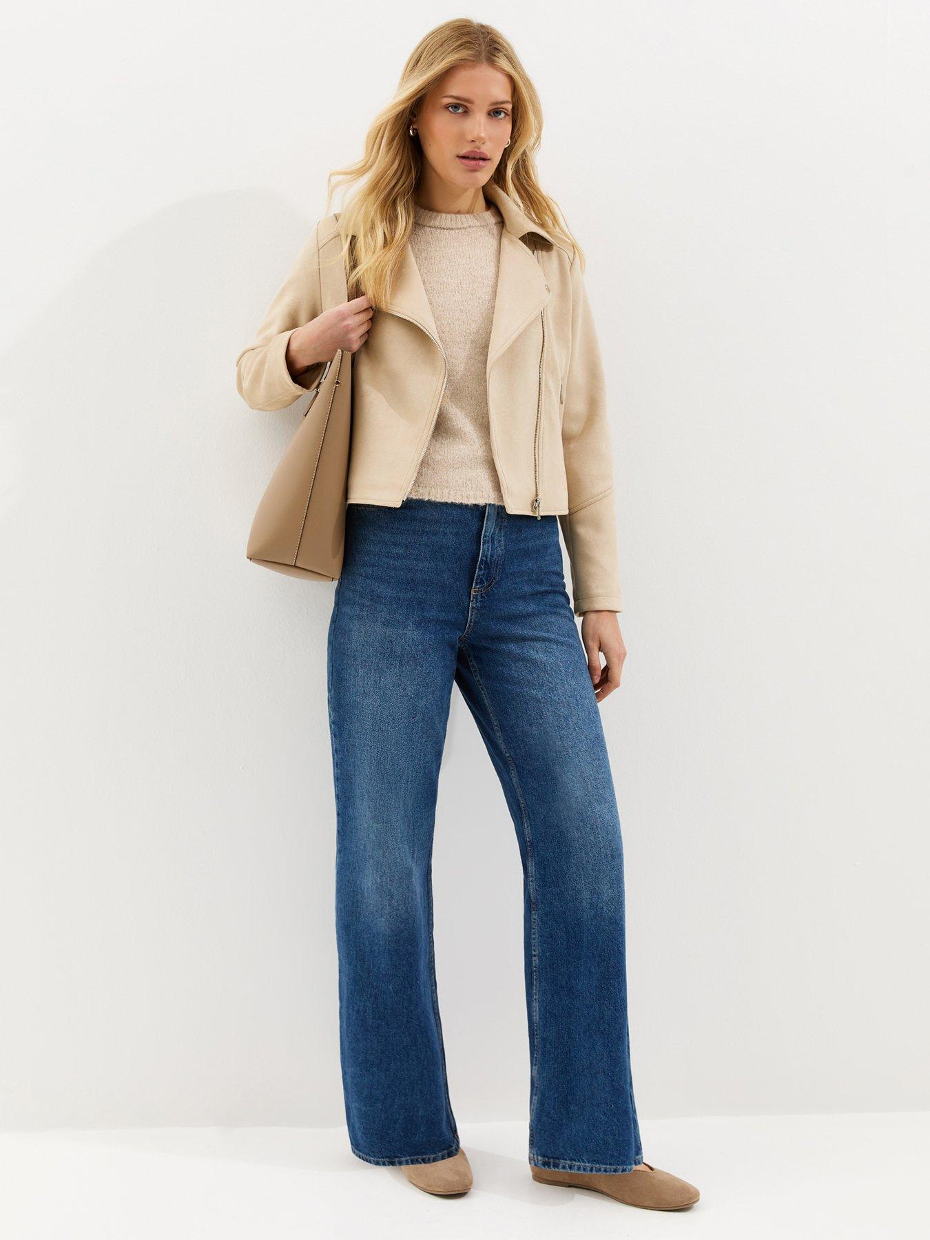 Image 3 of 5 of New Look Faux Suede Biker Jacket - Stone