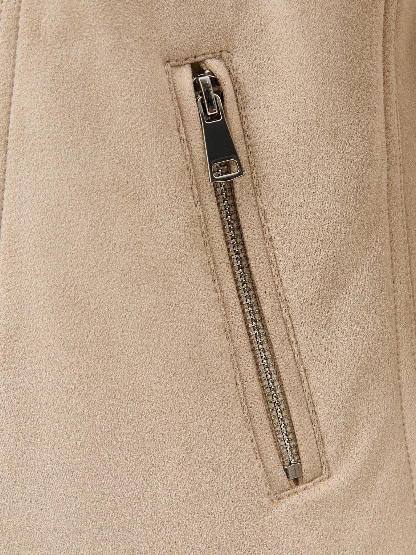 Image 5 of 5 of New Look Faux Suede Biker Jacket - Stone
