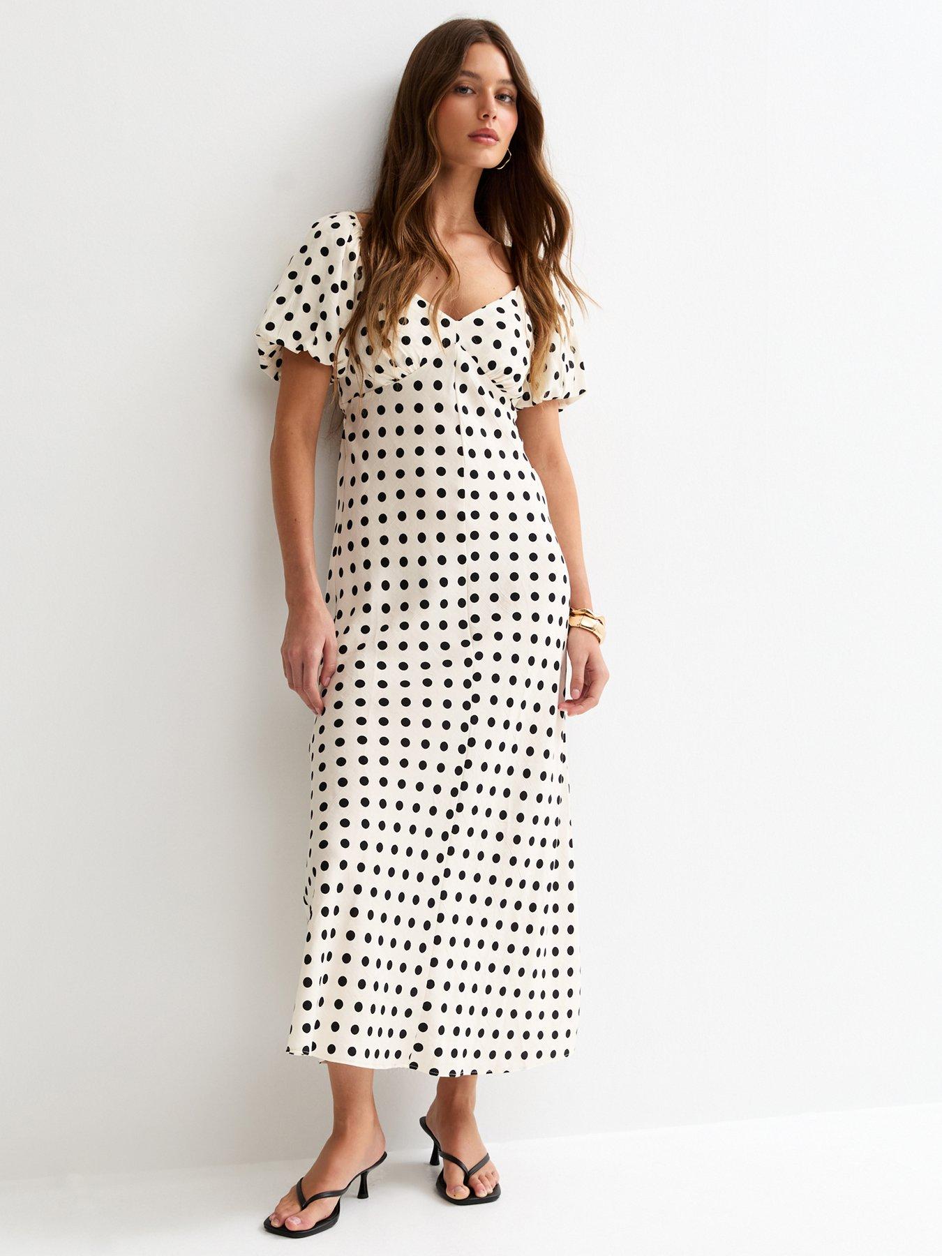 New Look Polka Dot Puff Sleeve Midi Dress - Cream