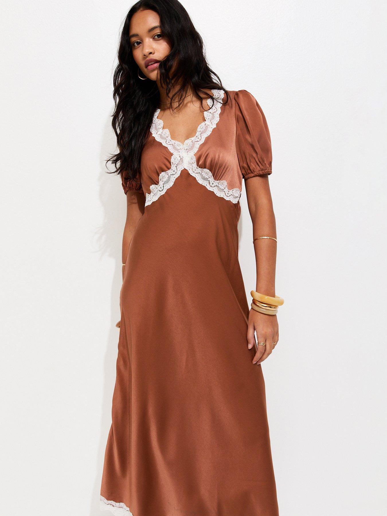 New Look Lace Trim Satin Tea Midi Dress - Brown | Very