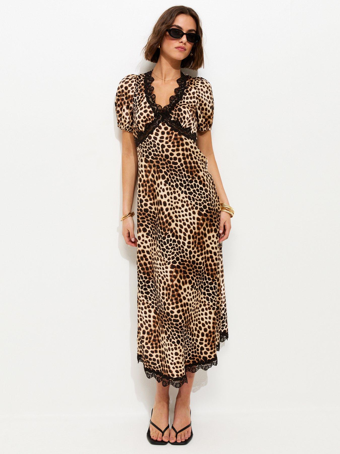New Look Satin Leopard Print Tea Midi Dress - Brown