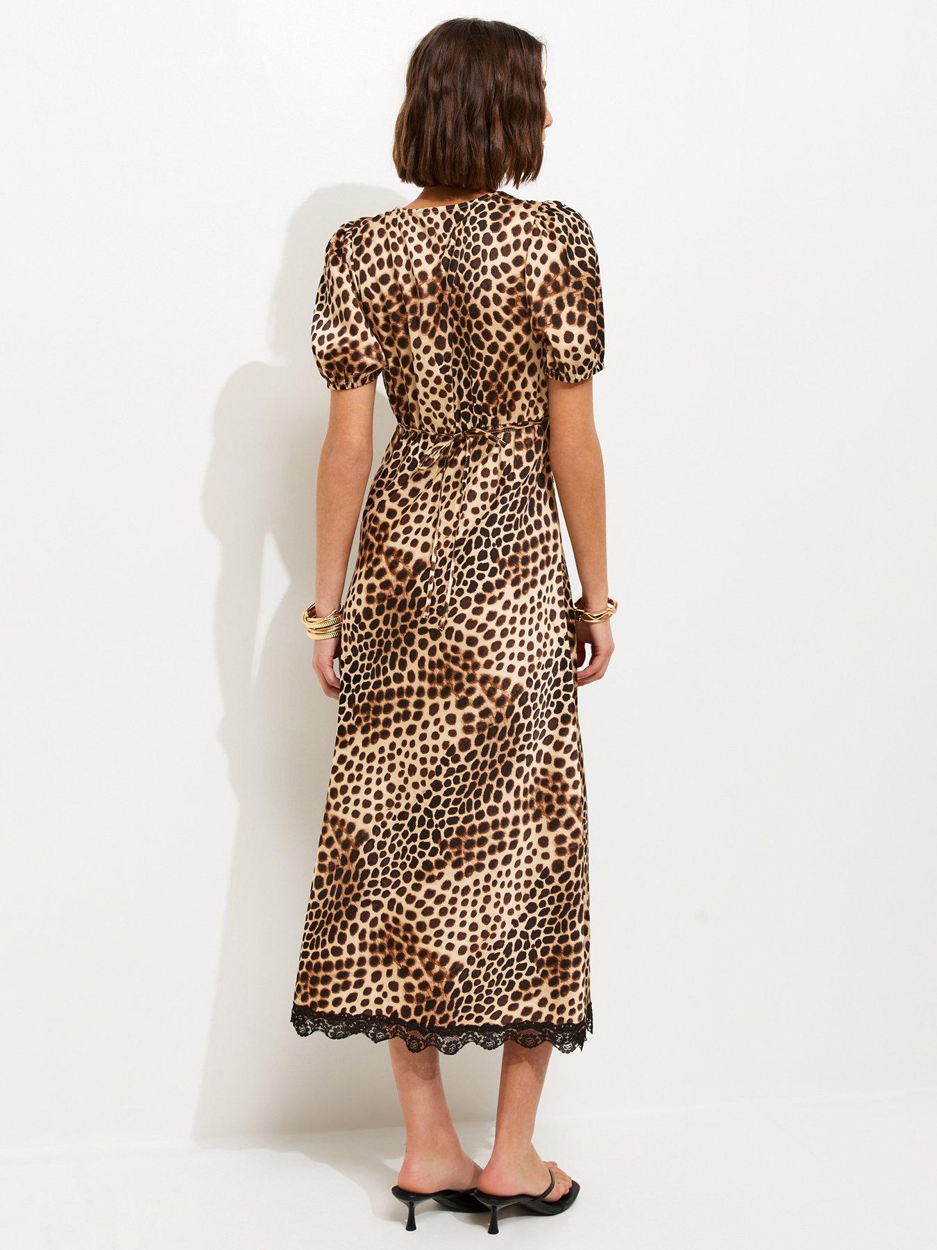 Image 2 of 5 of New Look Brown Satin Leopard Print Tea Midi Dress