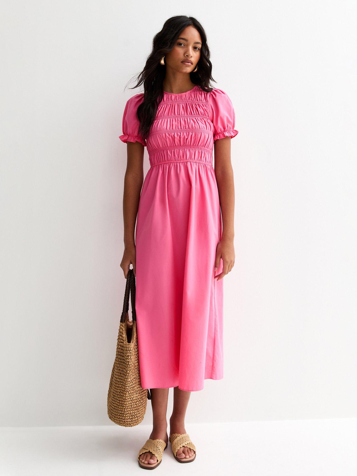 New Look Shirred Poplin Midi Dress - Bright Pink | Very