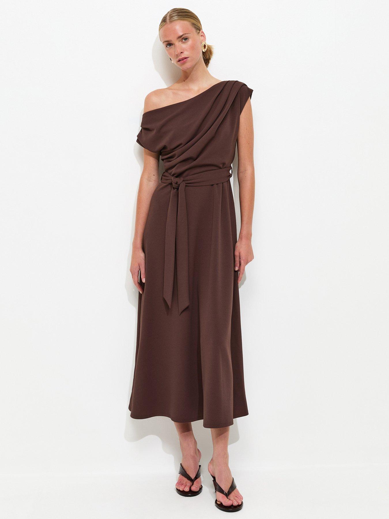 fallen shoulder midi pencil dress with tie detail TA3 Seamed Lushy Midi Dress - Contour Black/Oat - XXS main image 0