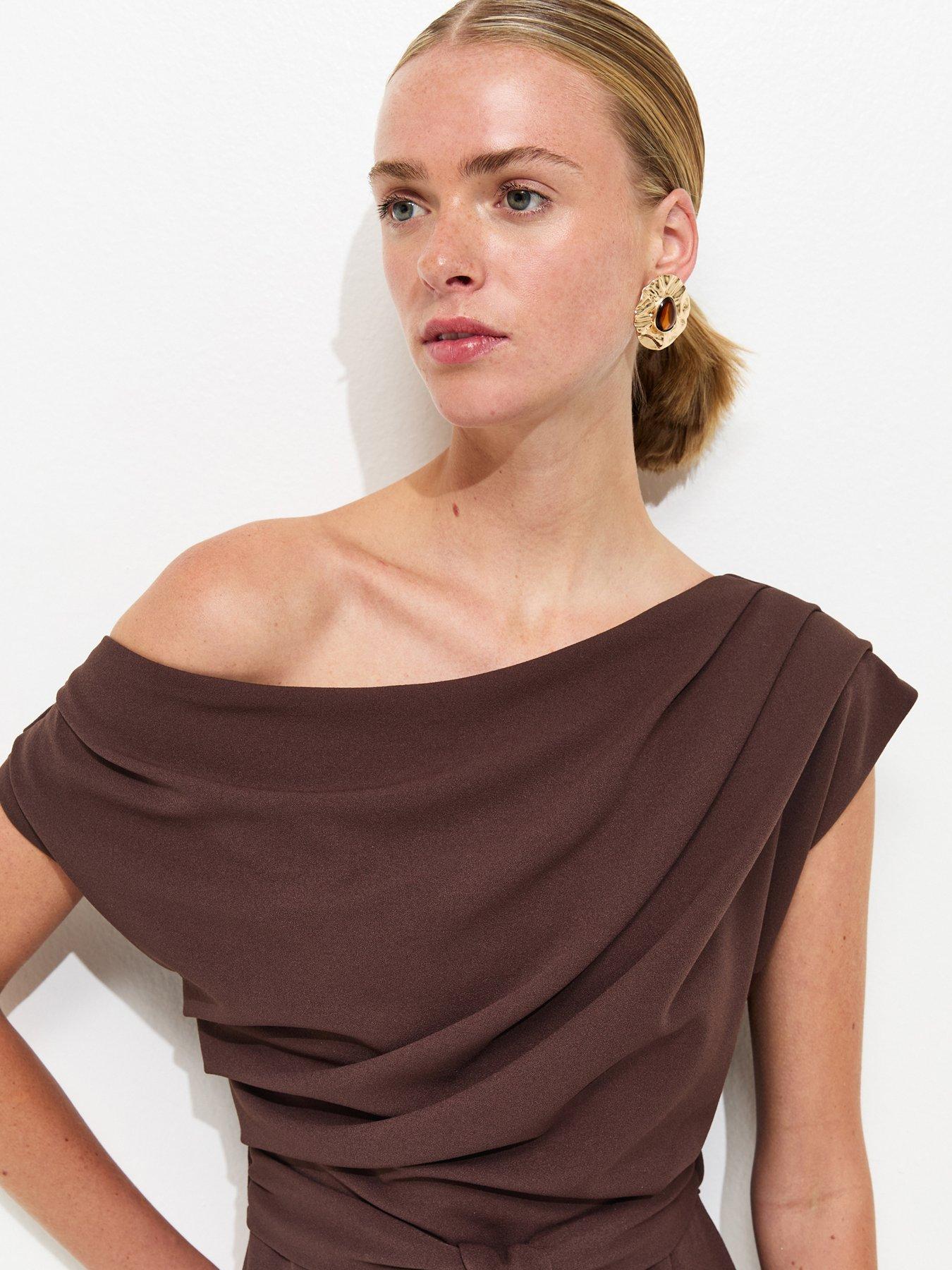 fallen shoulder midi pencil dress with tie detail Purple Tie Dye Print One Shoulder Knot Skirt Mesh Midi Dress – AX Paris main image 1