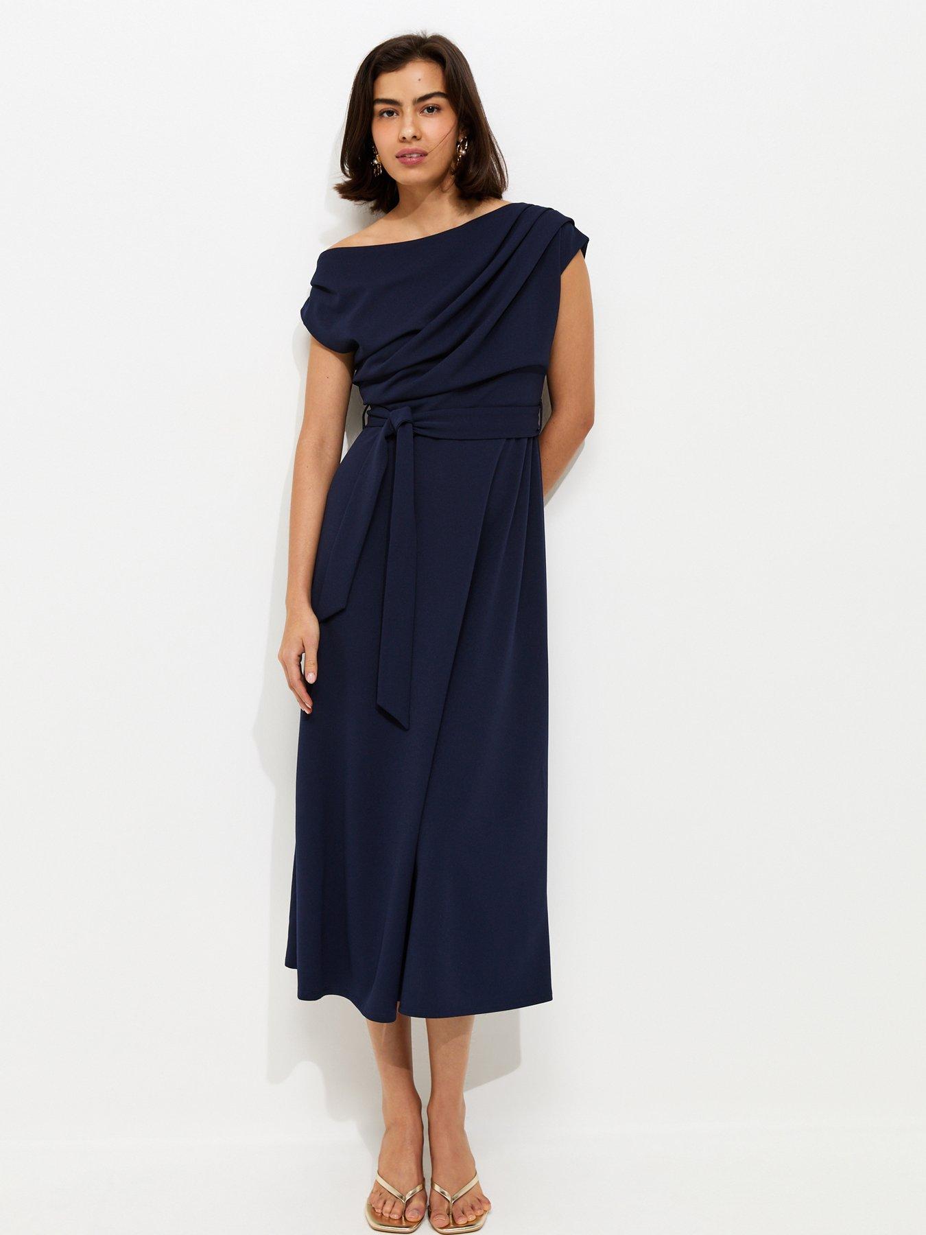 New Look Navy Fallen Shoulder Tie Waist Midi Dress