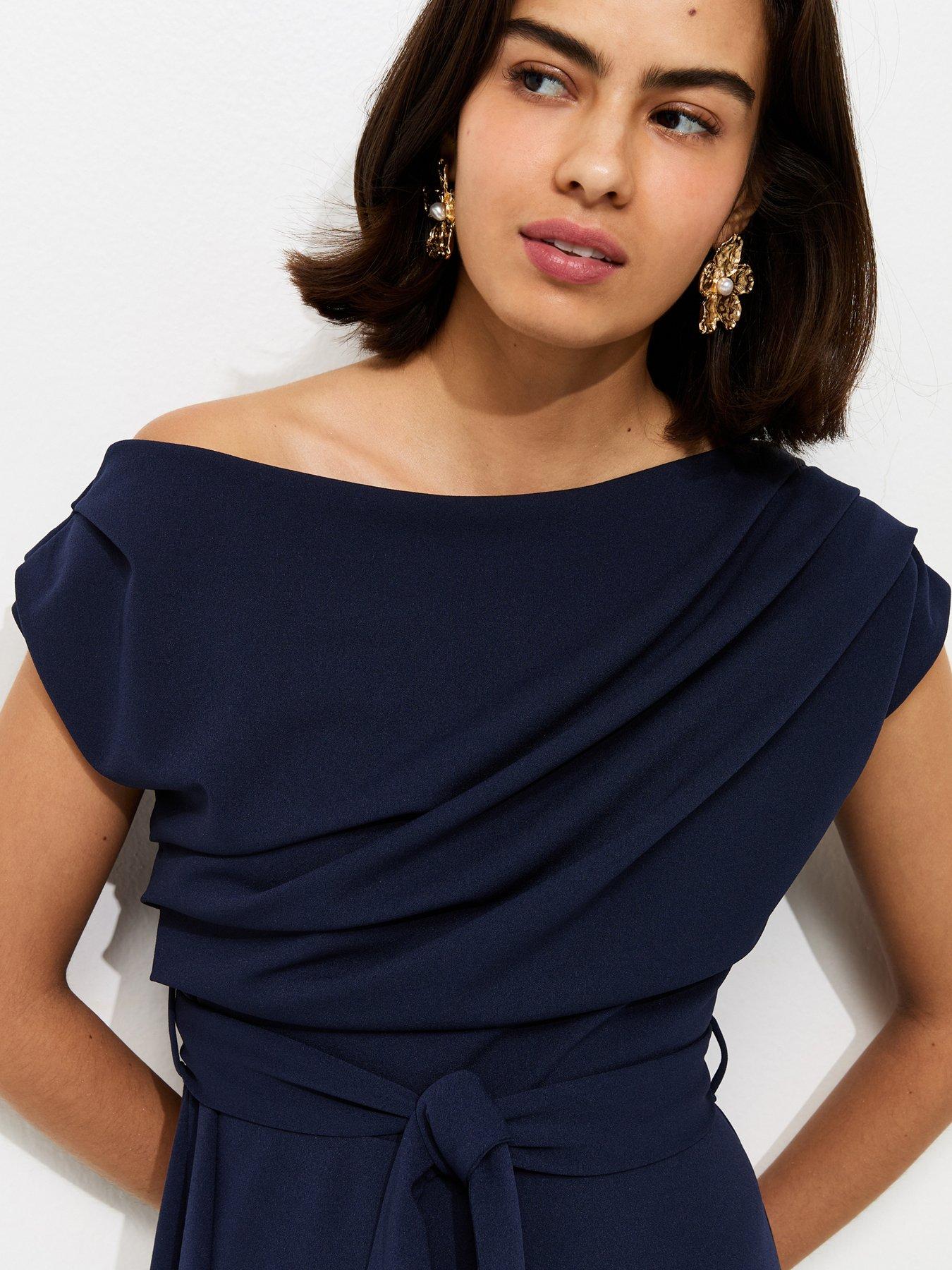 slim fit dress slacks Linka Off-Shoulder Tie Back Midi Dress Navy