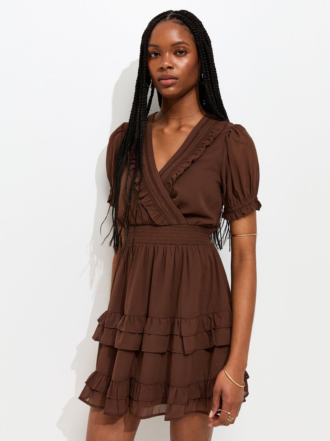 new look brown dress Kellie Floral Long Sleeve Mini Dress main image 1