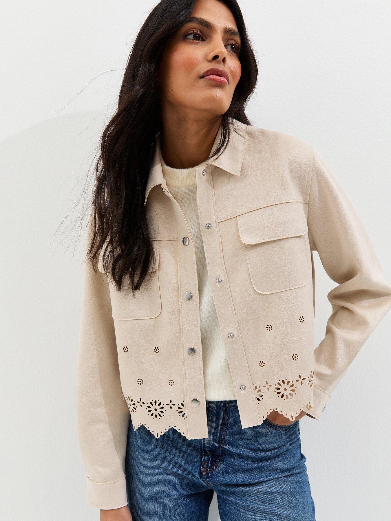 New Look Cutwork Faux Suede Shacket - Stone