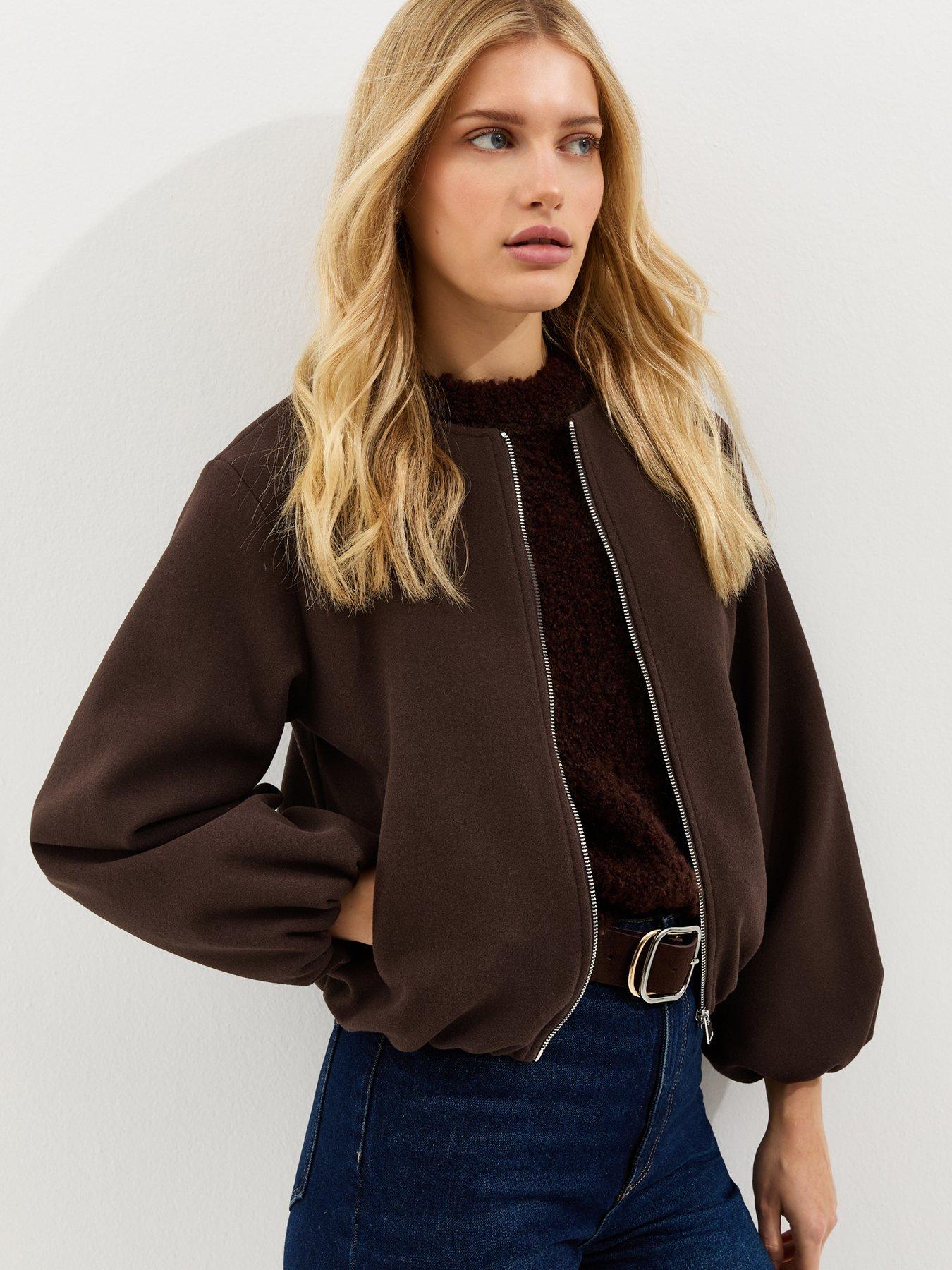New Look Collarless Zip Through Bomber Jacket - Brown