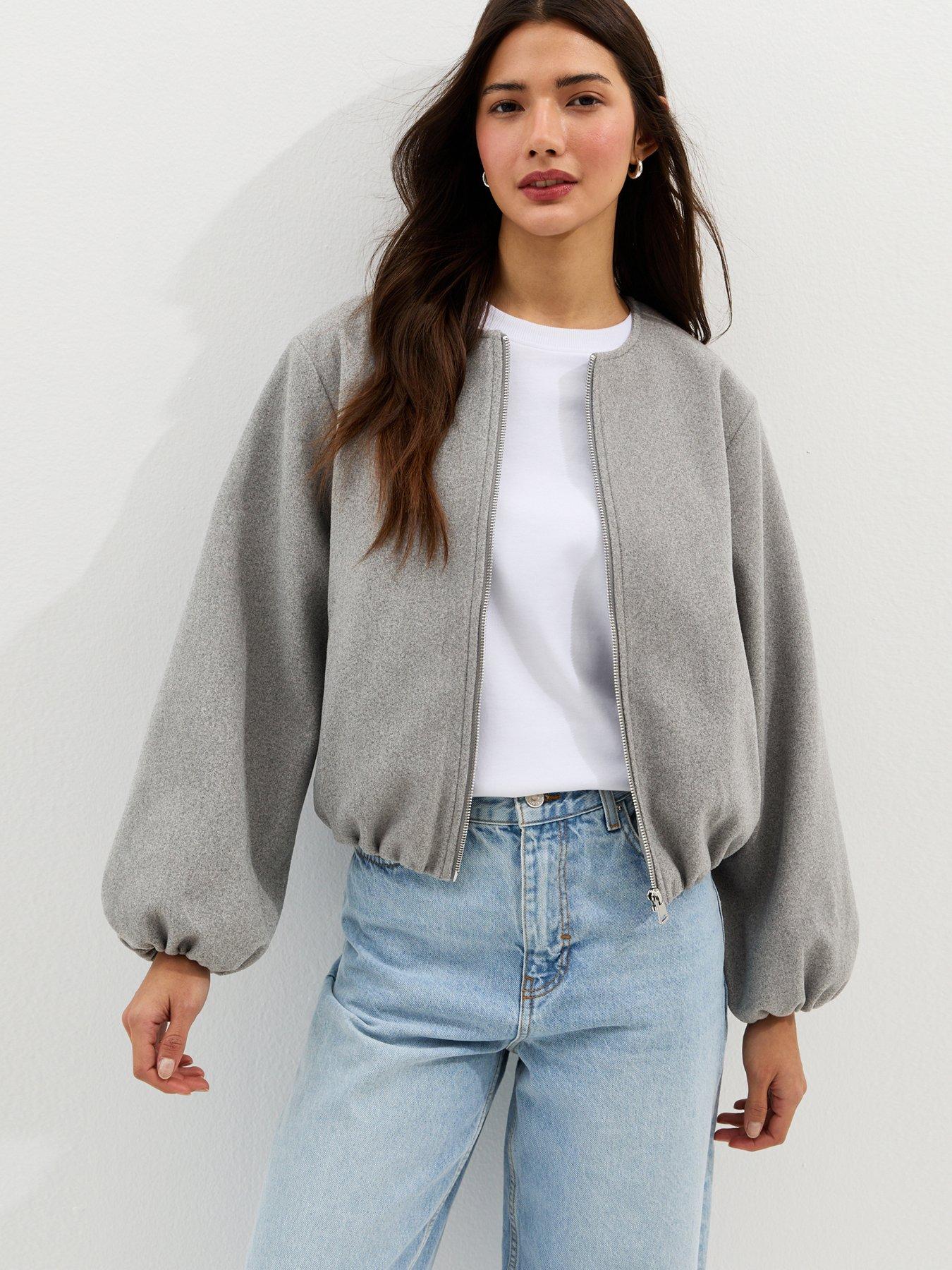 New Look Grey Collarless Zip Through Bomber Jacket