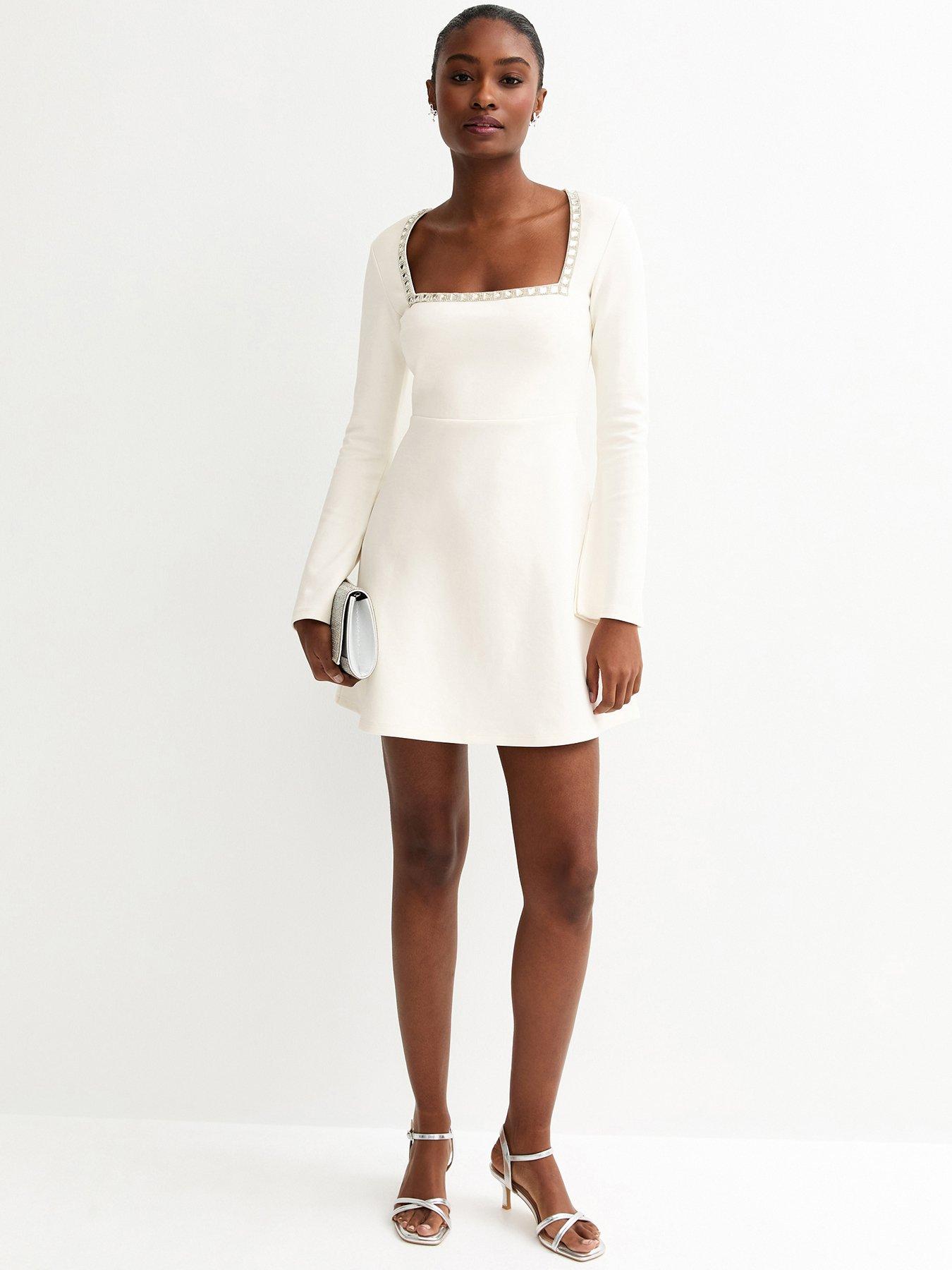 New Look: Diamante Square Neck Mini Dress - White