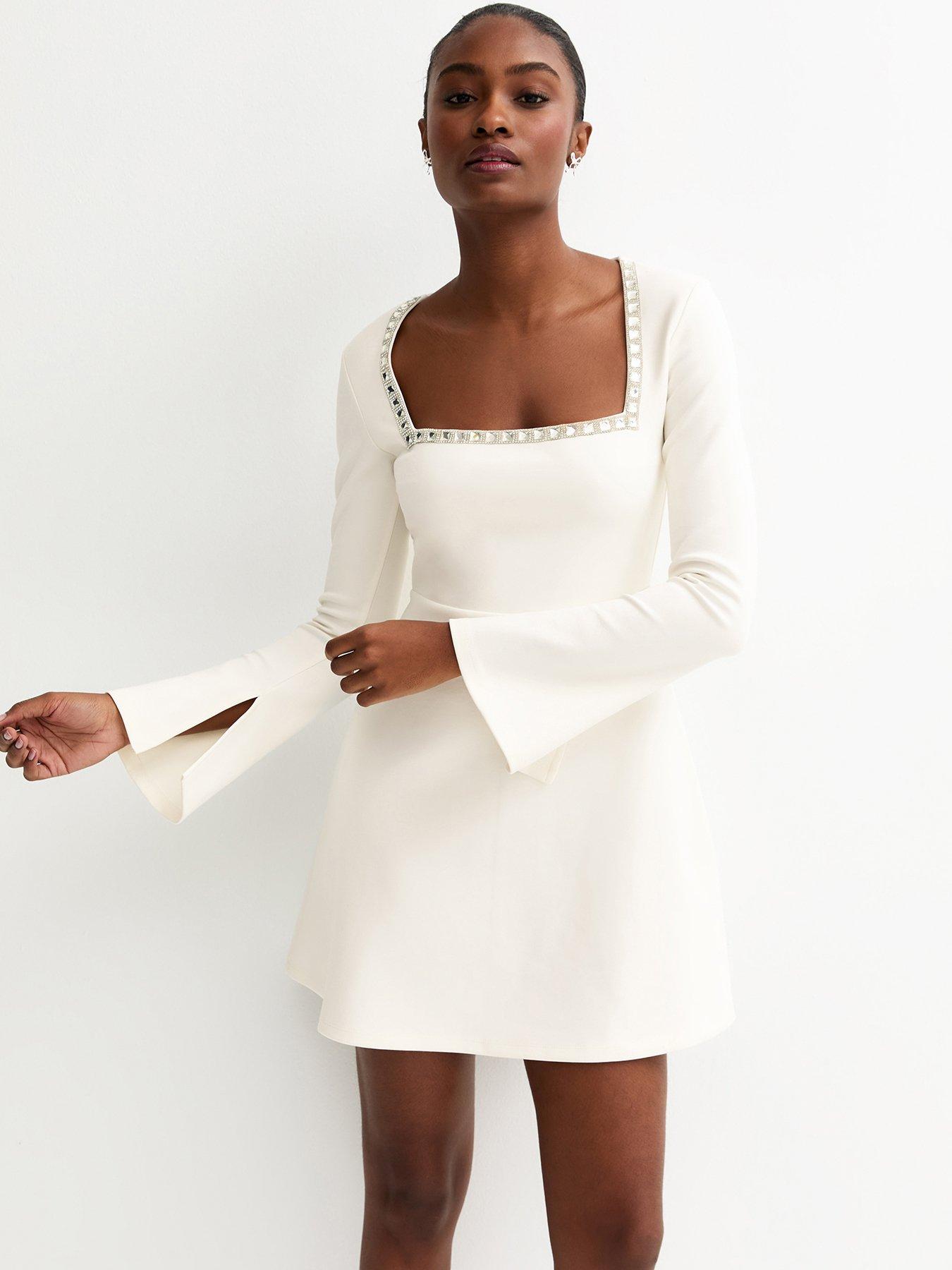 New Look Diamante Square Neck Mini Dress - White | Very