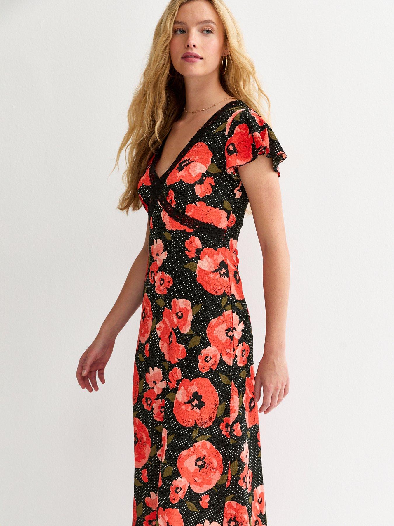 New Look Floral Print Flutter Sleeve Midi Dress - Red | Very