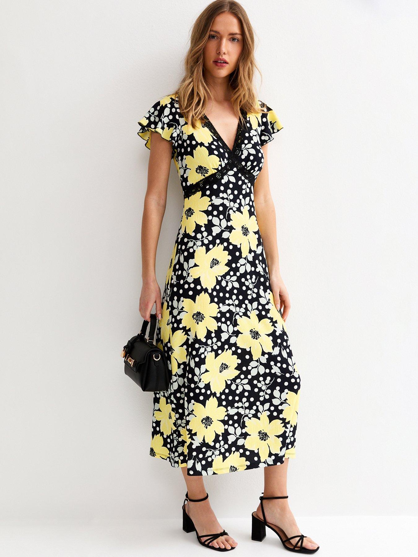 New Look Floral Print Lace Trim Flutter Sleeve Dress - Yellow