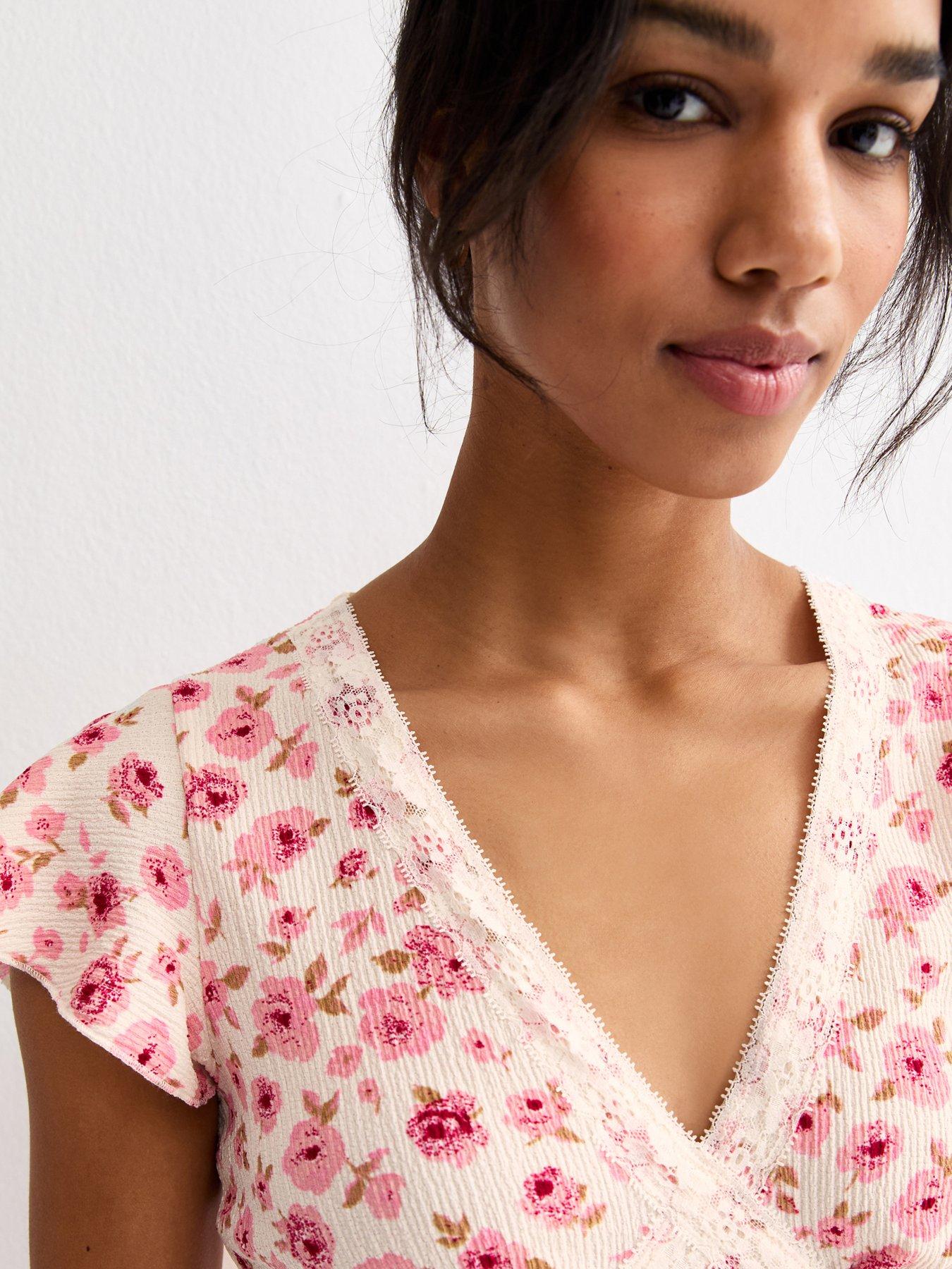 New Look Floral Lace Trim Mini Dress - Pink | Very