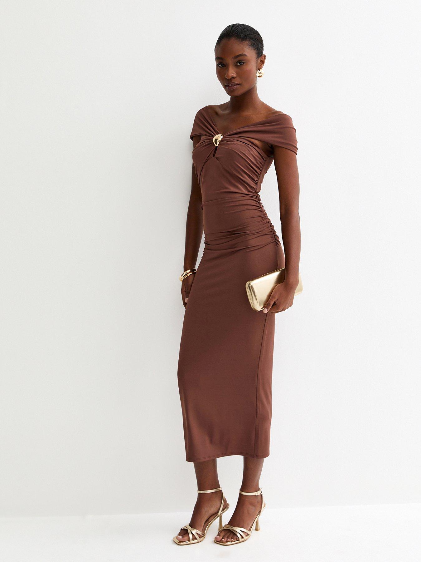 New Look Off The Shoulder Embellishment Detail Midi Dress - Brown