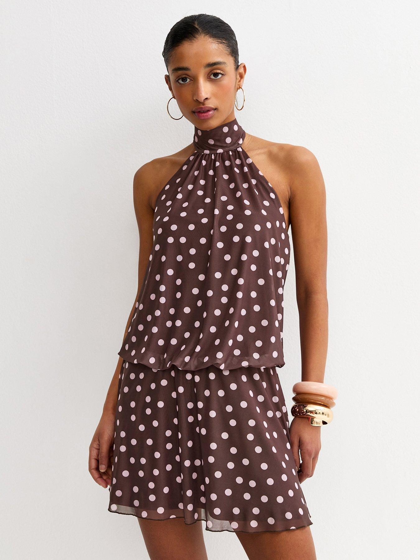 New Look Polka Dot Scarf Trim Halter Neck Mini Dress - Brown