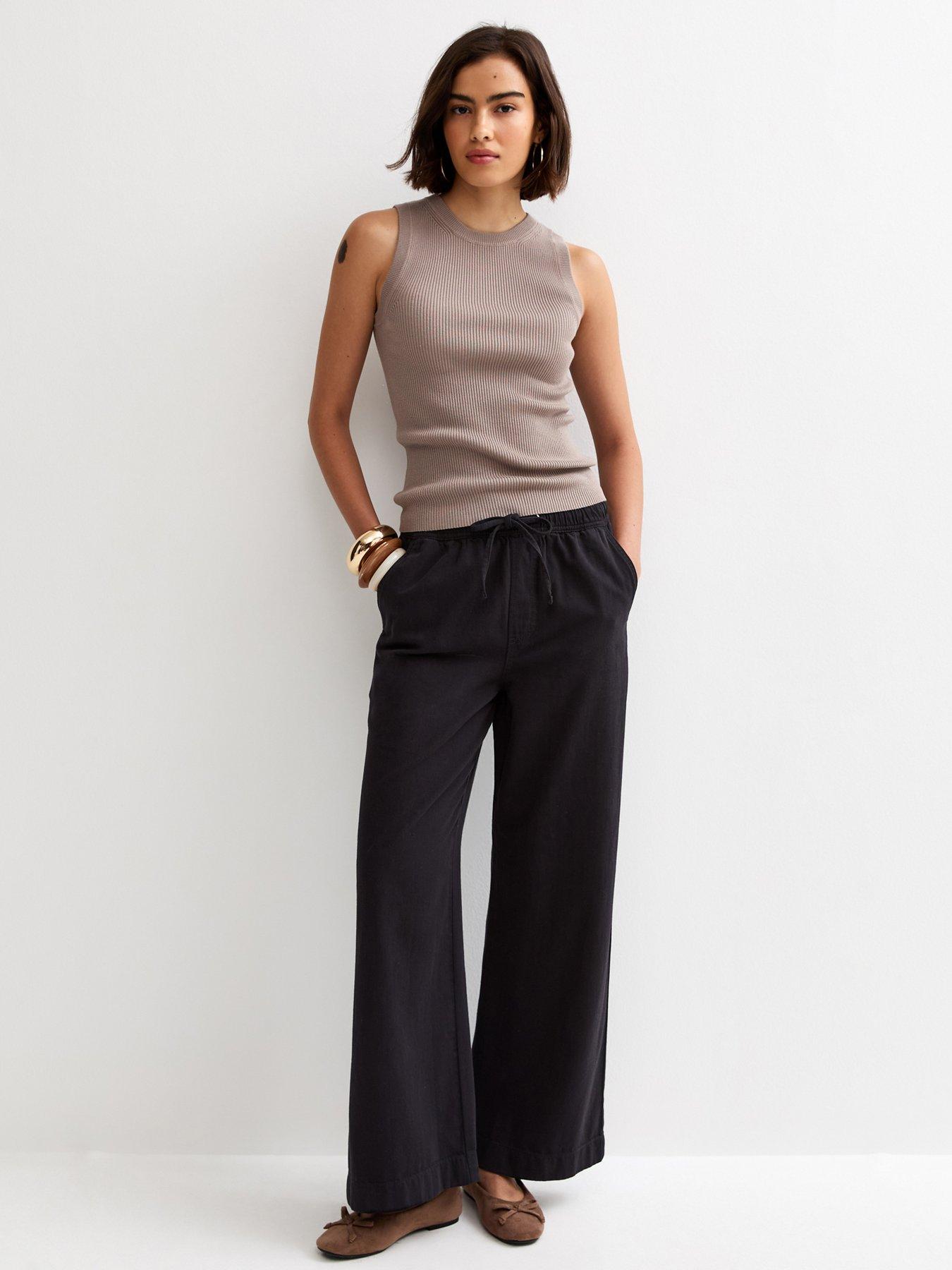 New Look Cotton Twill Drawstring Wide Leg Trousers - Black