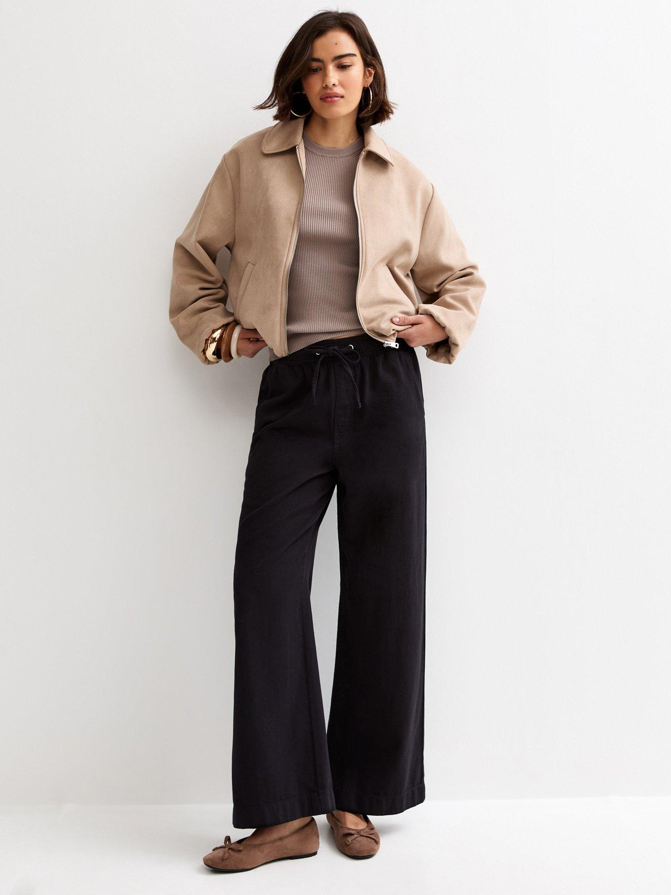 Image 3 of 6 of New Look Black Cotton Twill Drawstring Wide Leg Trousers