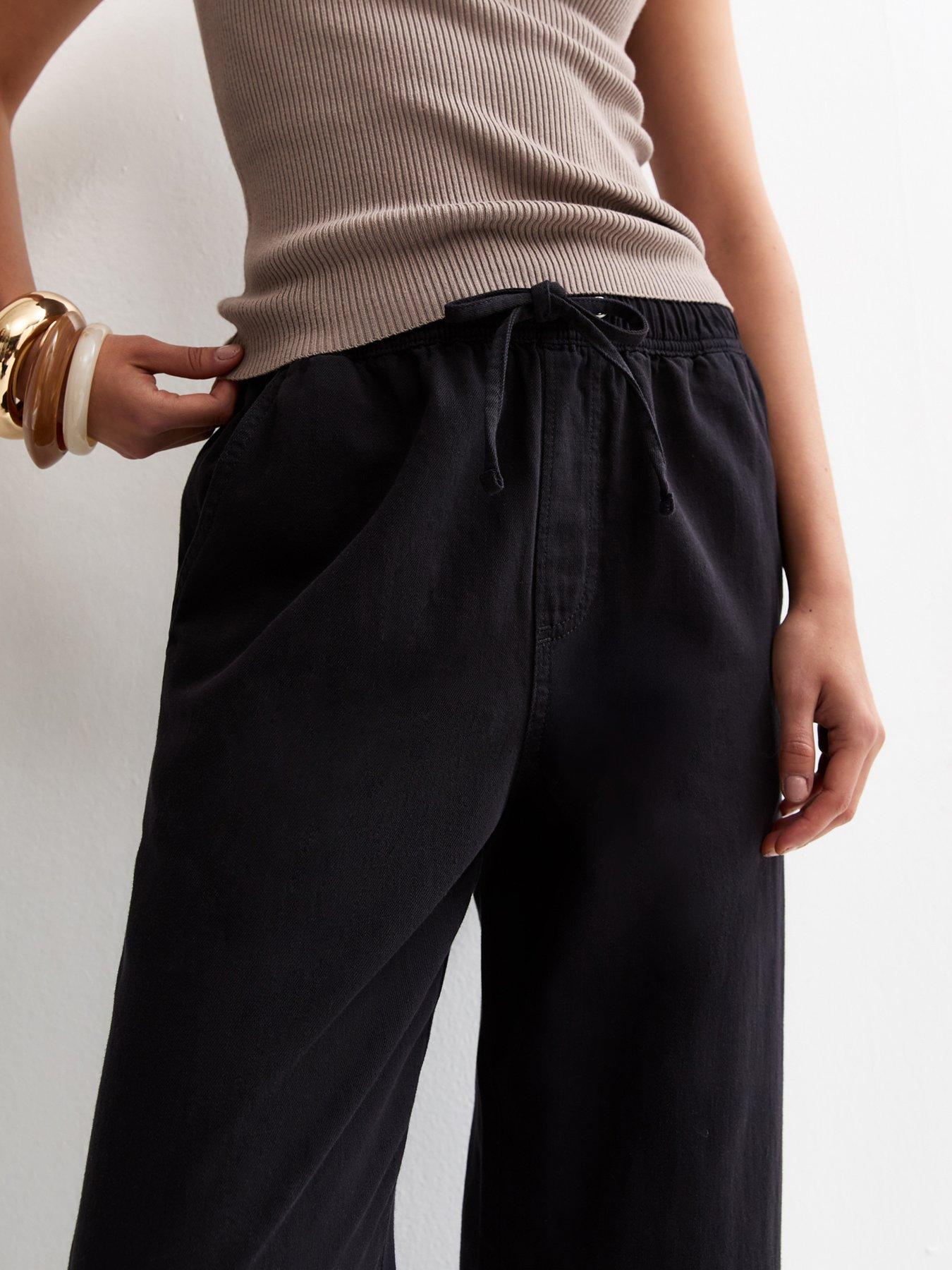 Image 4 of 6 of New Look Black Cotton Twill Drawstring Wide Leg Trousers