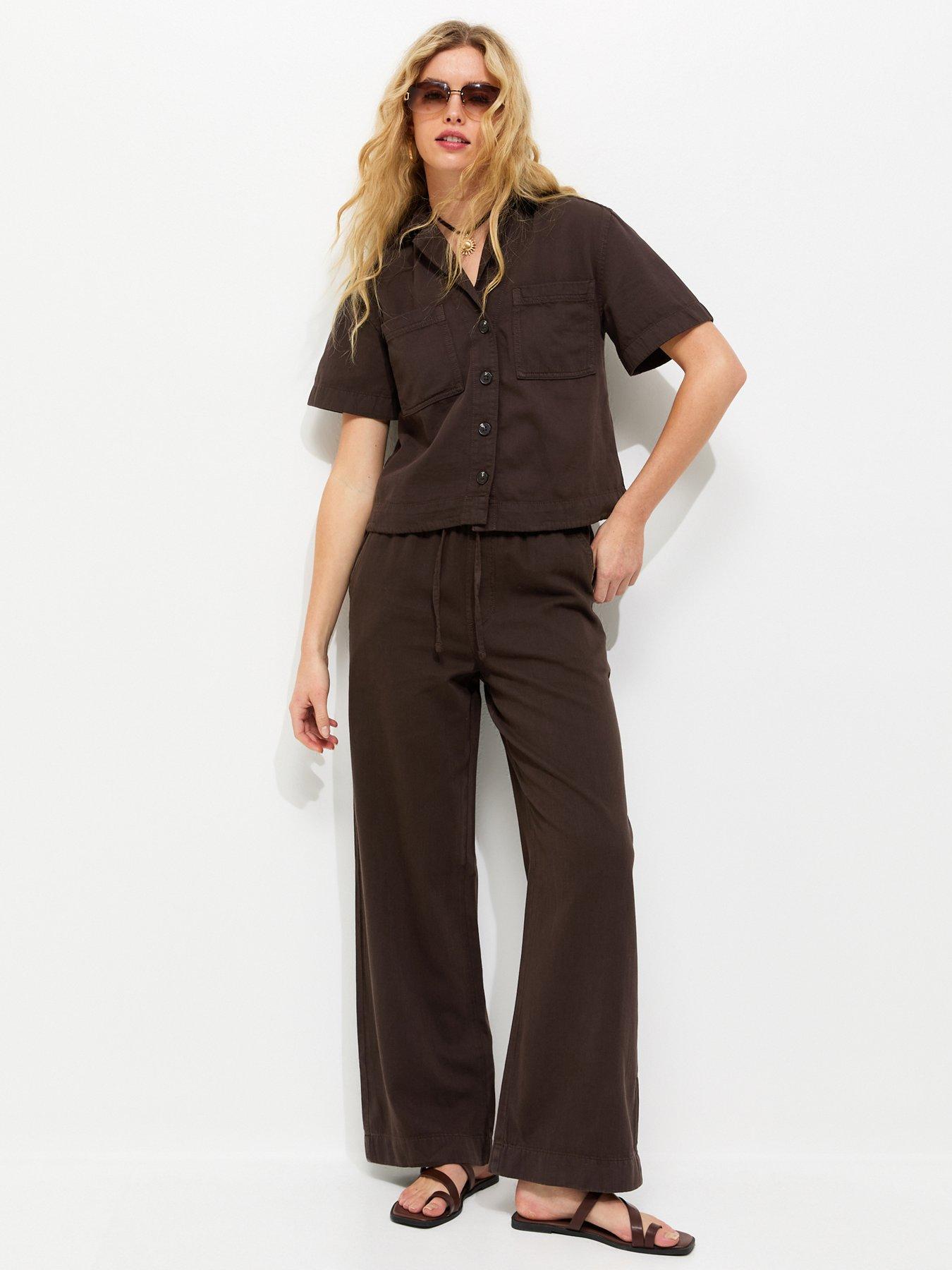 New Look Cotton Twill Drawstring Wide Leg Trousers - Dark Brown