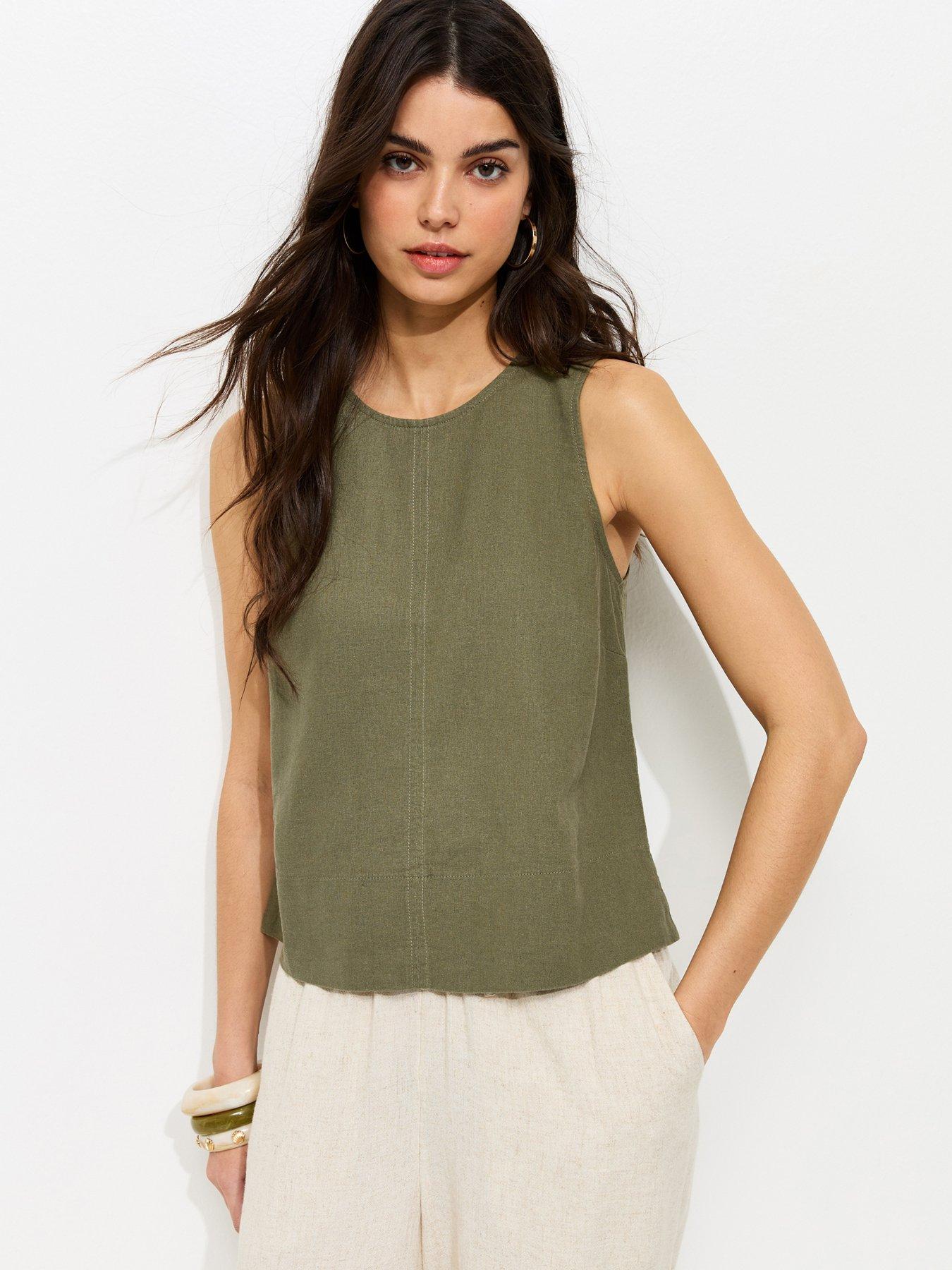 Image 1 of 6 of New Look Dark Khaki Linen Blend Sleeveless Top - Green