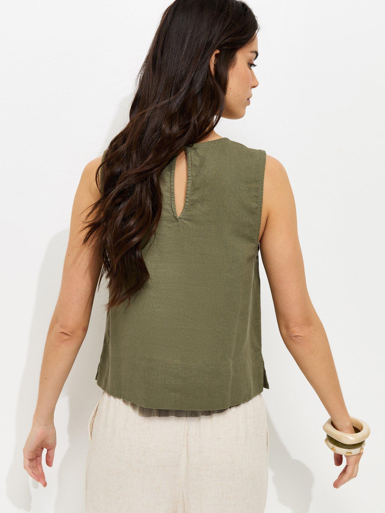 Image 2 of 6 of New Look Dark Khaki Linen Blend Sleeveless Top - Green