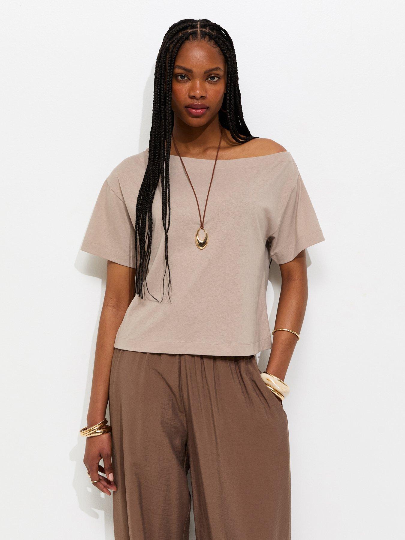New Look Mink Textured Off The Shoulder T-Shirt - Brown