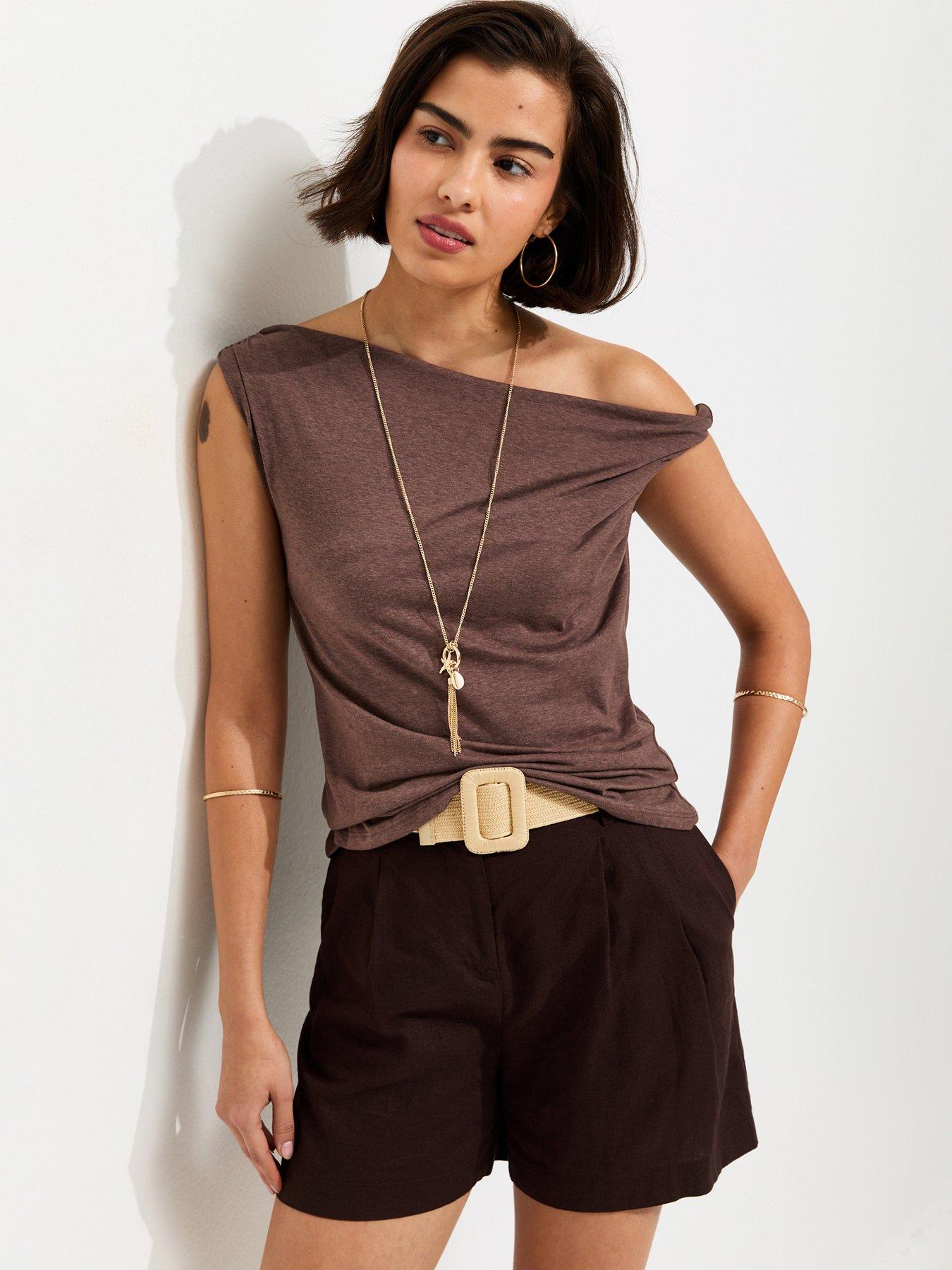 Image 1 of 5 of New Look Textured Twist Shoulder Top - Brown