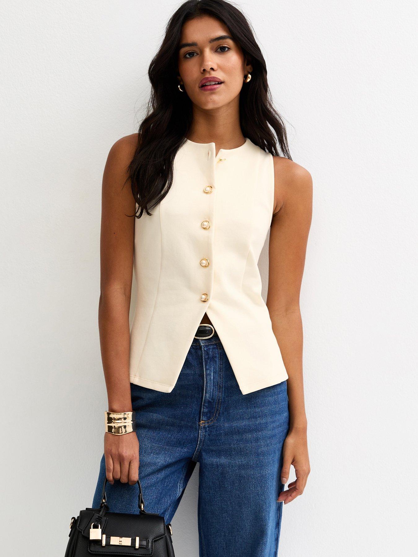 New Look Off White Jersey Faux-pearl Button Waistcoat