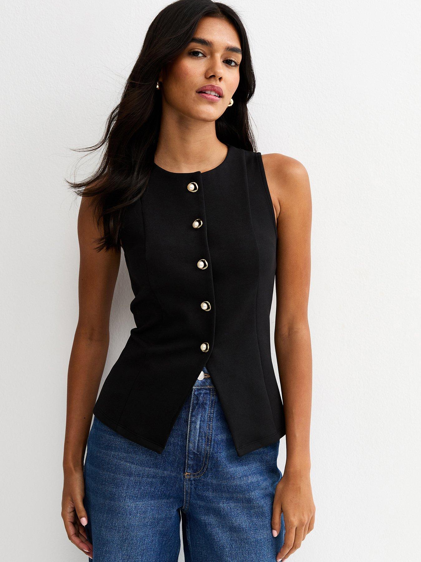New Look Jersey Crew Neck Faux Pearl Button Waistcoat - Black