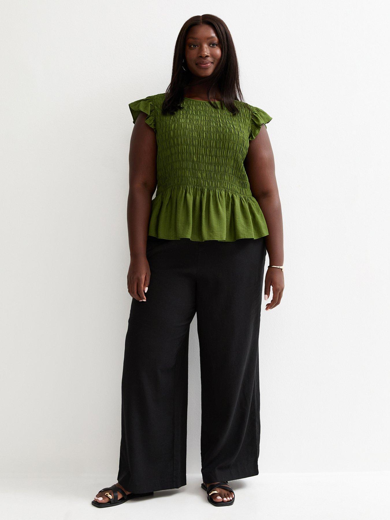 Image 1 of 6 of New Look Curves Black Linen Blend Wide Leg Trouser