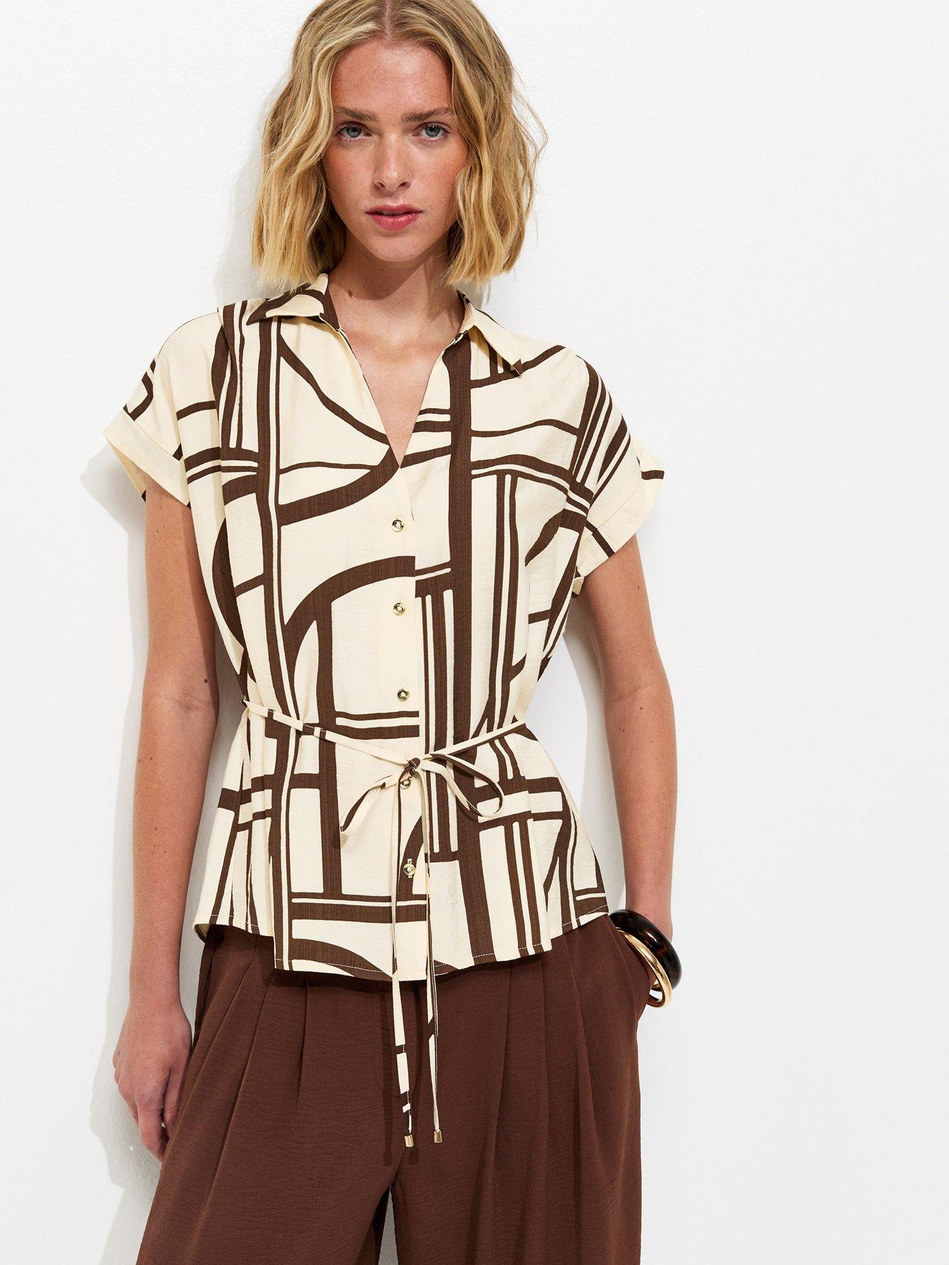 Image 1 of 5 of New Look Abstract Print Short Sleeve Shirt - White/Brown