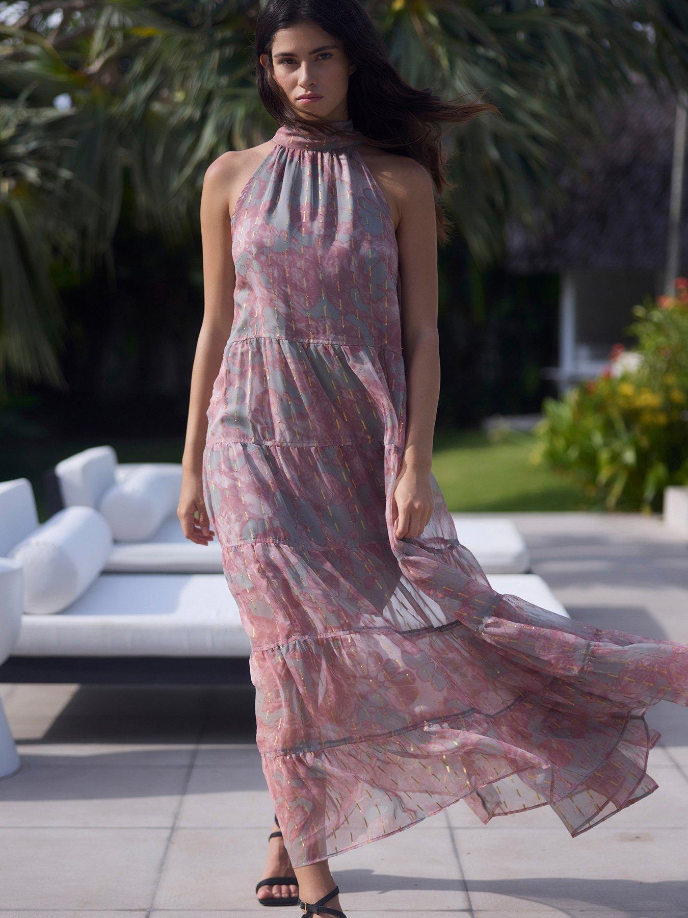 how to dress for evening networking events Elaine Purple Halter Neck Draped Detail Midi Dress – Get That Trend