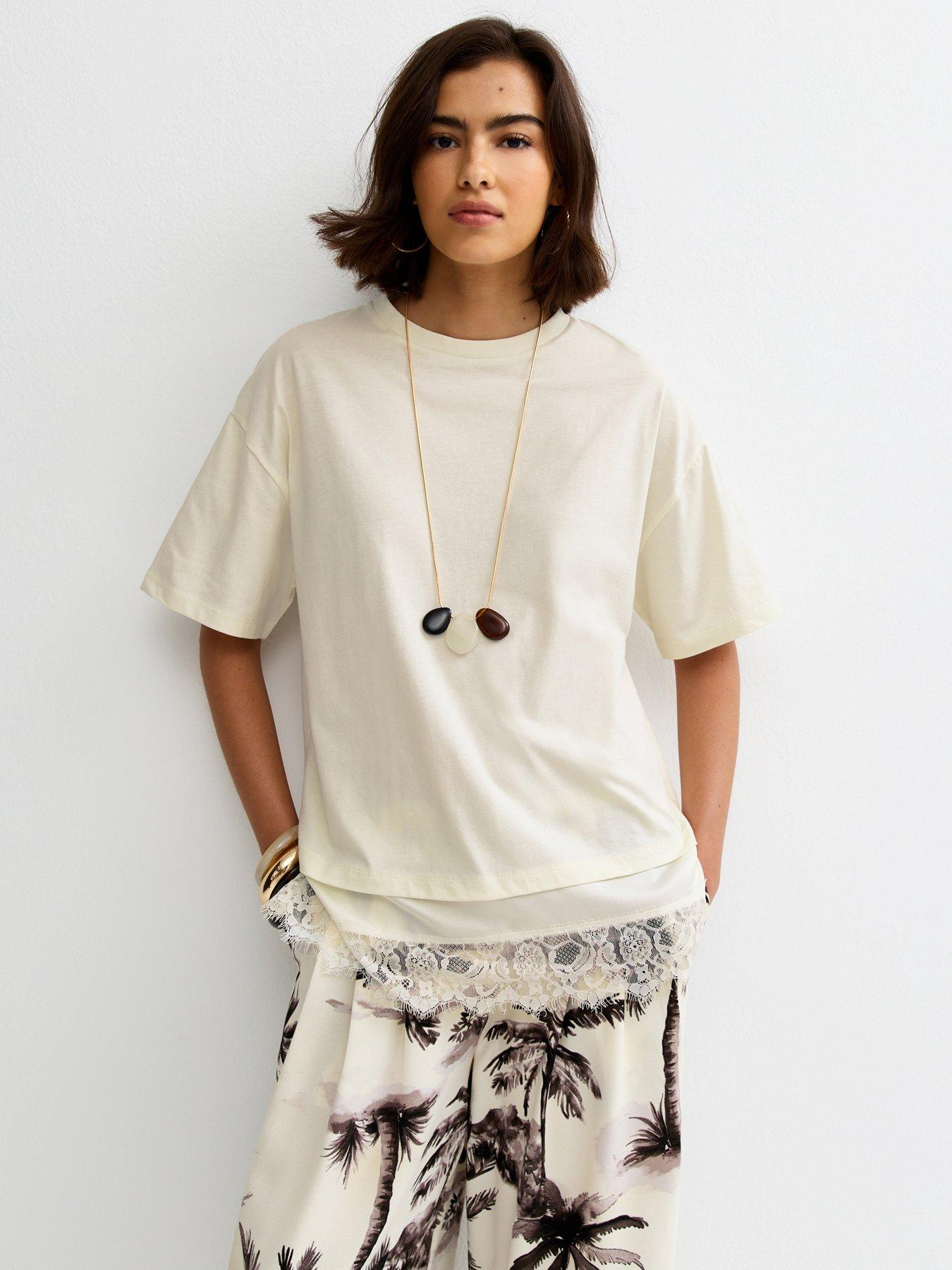 Image 1 of 5 of New Look Satin Lace Hem Oversized T-Shirt - White