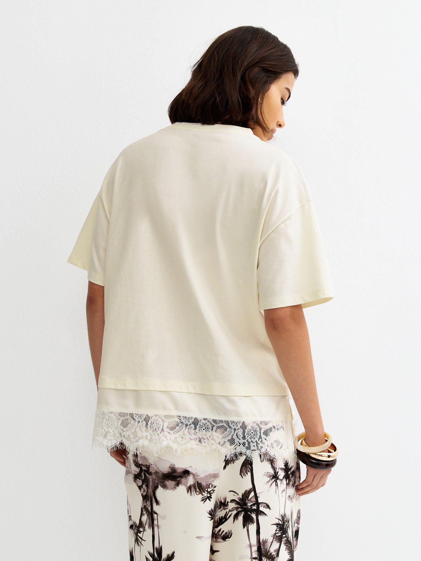 Image 2 of 5 of New Look Satin Lace Hem Oversized T-Shirt - White