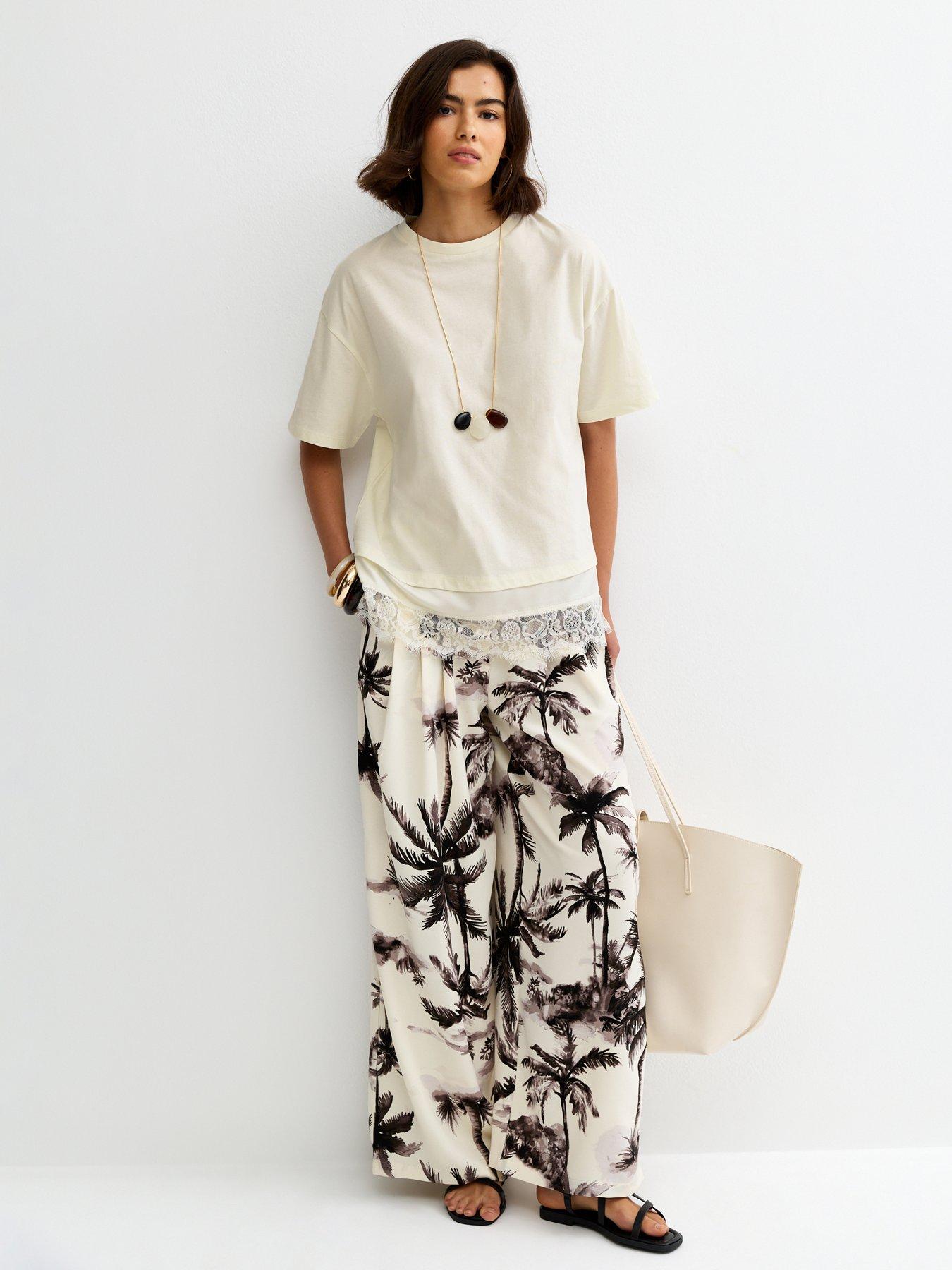 Image 3 of 5 of New Look Satin Lace Hem Oversized T-Shirt - White