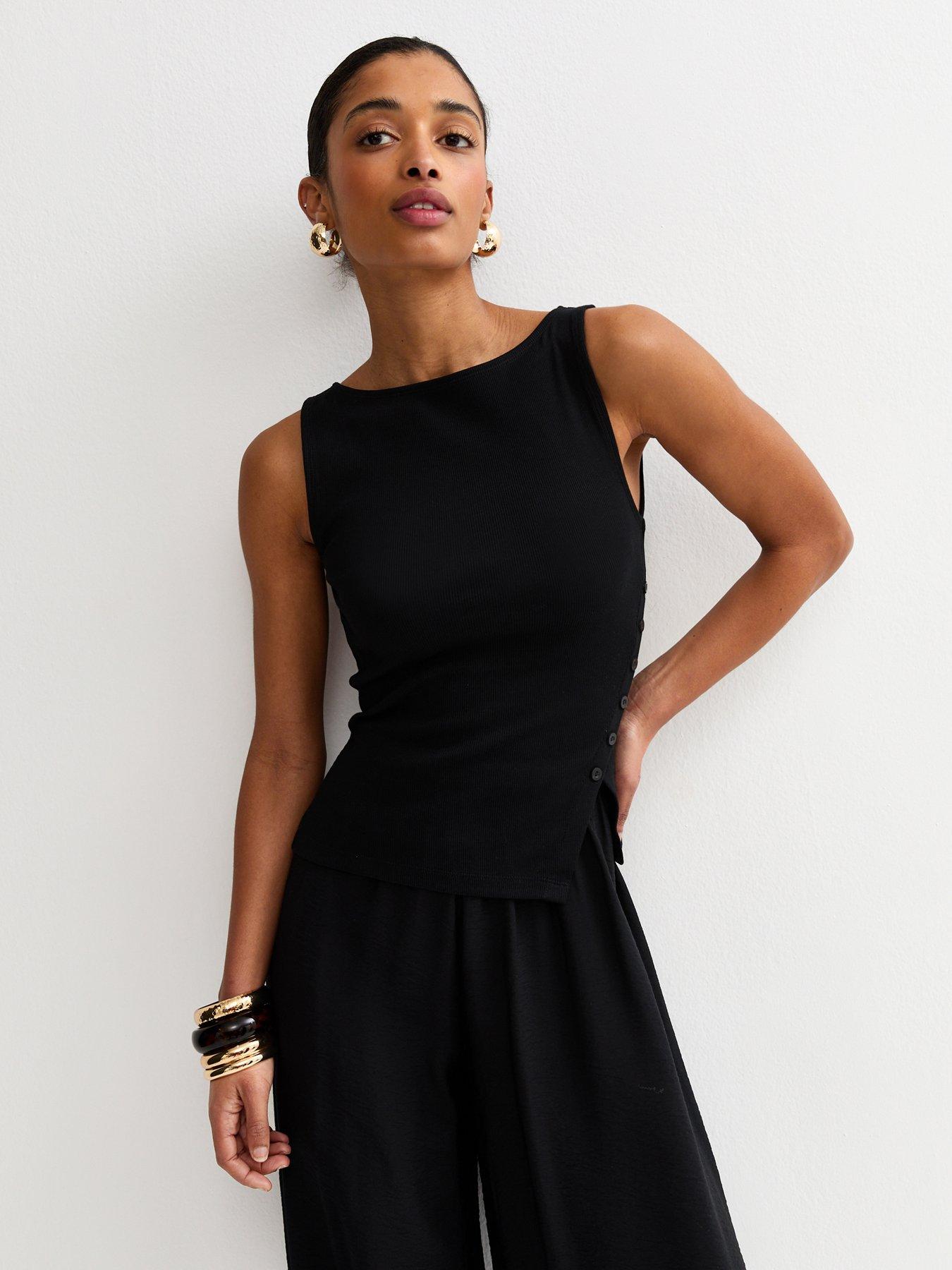 Image 1 of 5 of New Look Asymmetric Hem Button Side Vest Top - Black