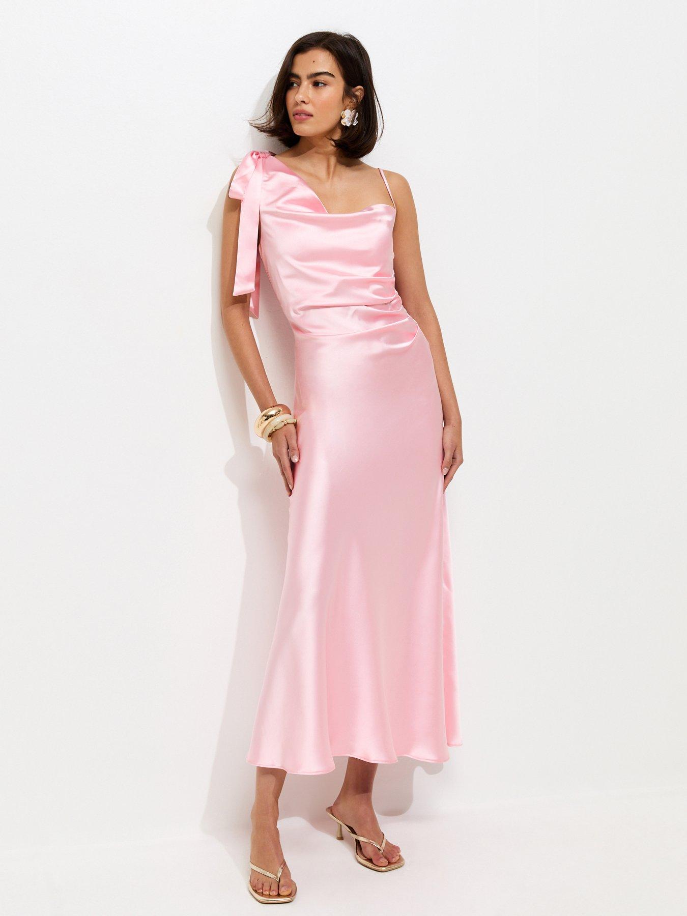 New Look Light Pink Satin Draped Shoulder Bow Midi Dress