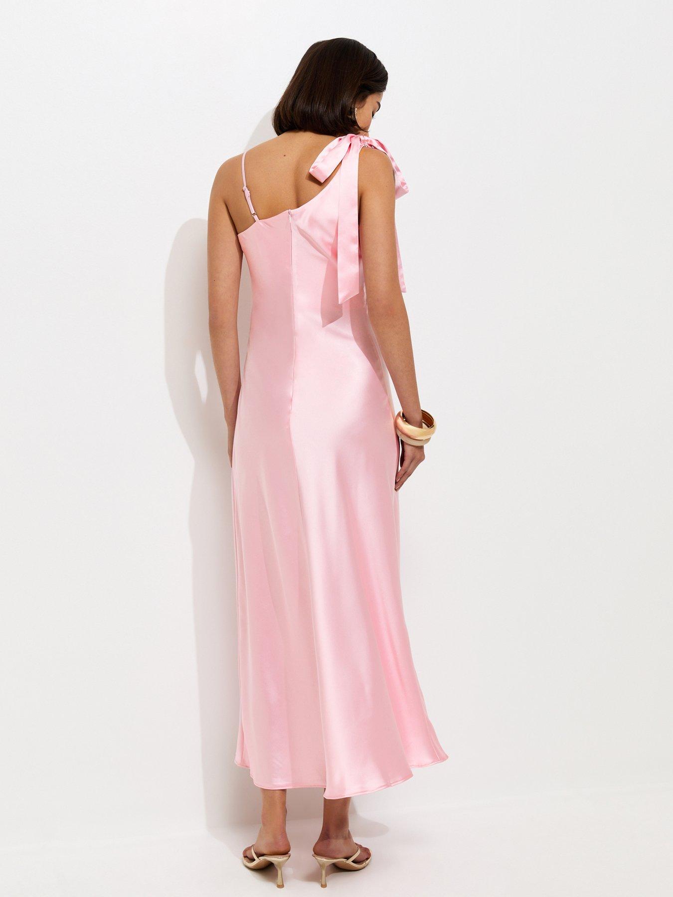 Image 2 of 5 of New Look Satin Draped Shoulder Bow Midi Dress - Light Pink