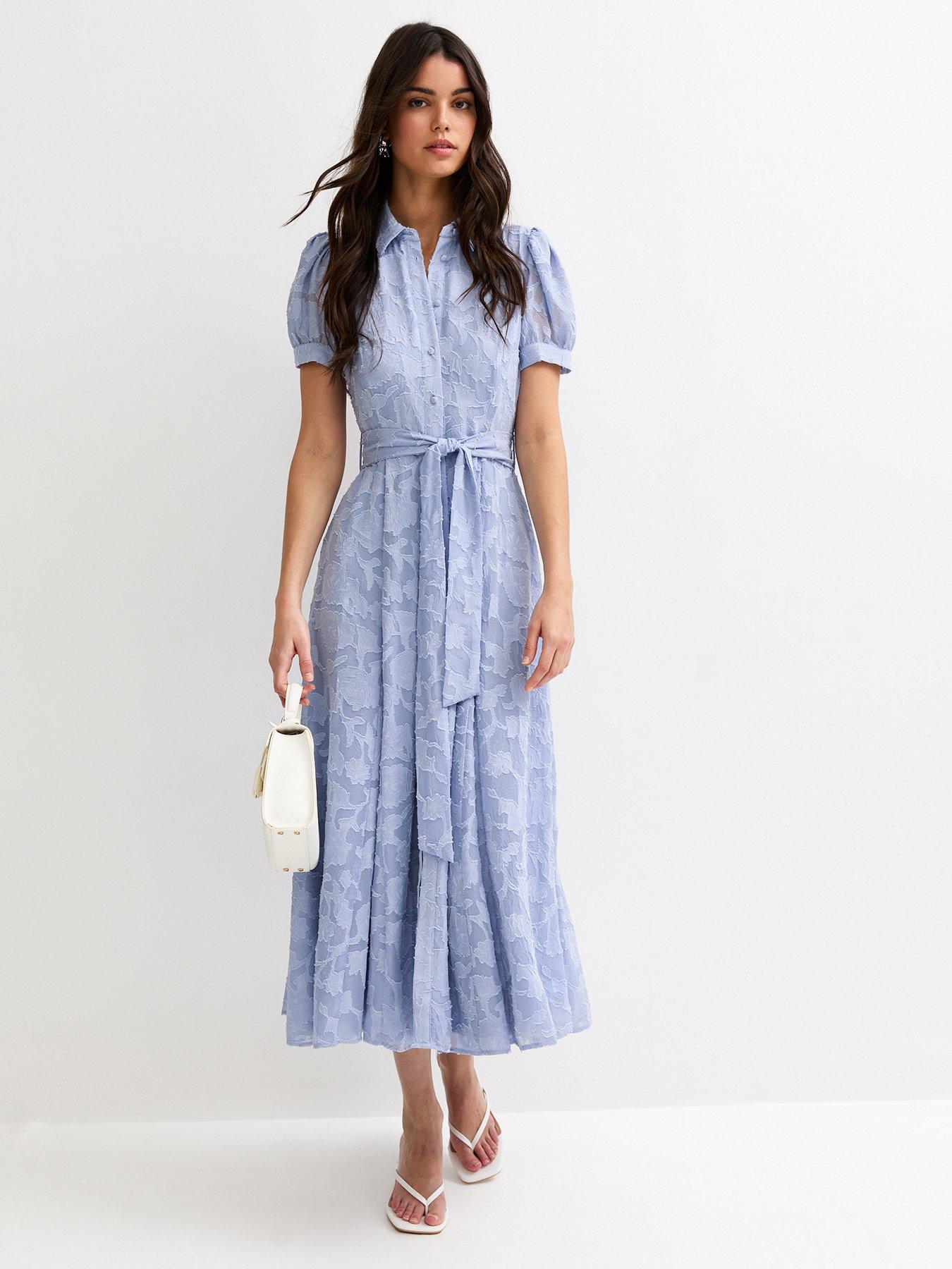 New Look Brocade Puff Sleeve Shirt Dress - Light Blue