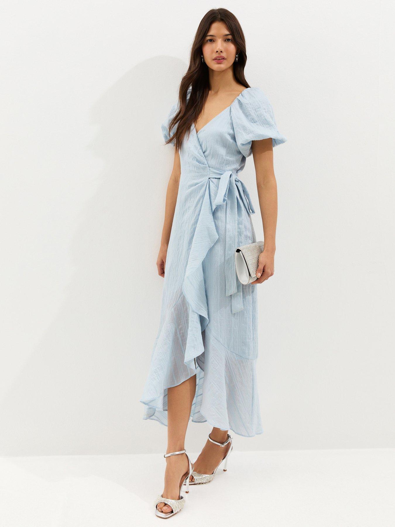 Image 1 of 5 of New Look Textured Ruffle Trimmed Wrap Midi Dress - Light Blue