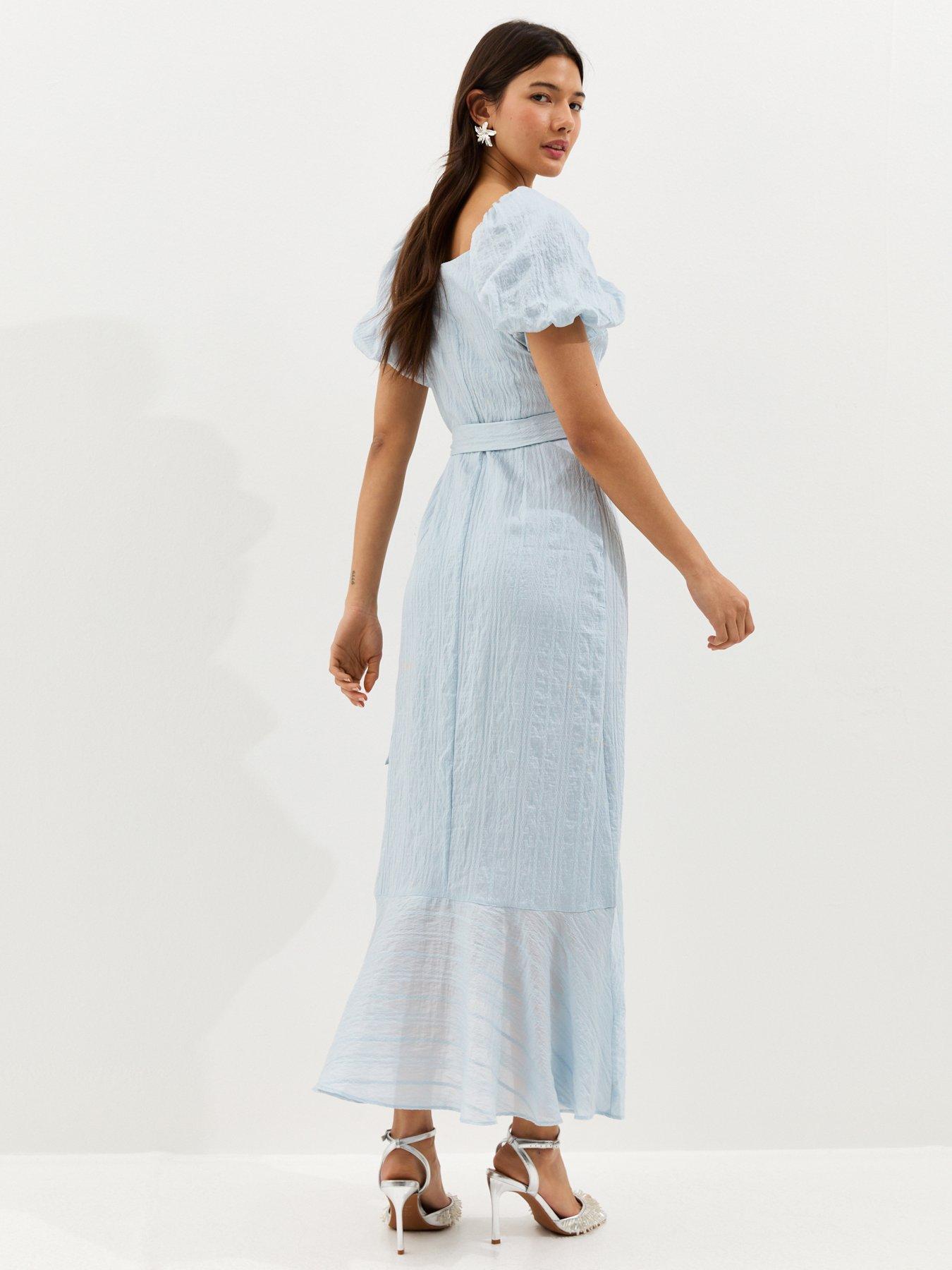 Image 2 of 5 of New Look Textured Ruffle Trimmed Wrap Midi Dress - Light Blue