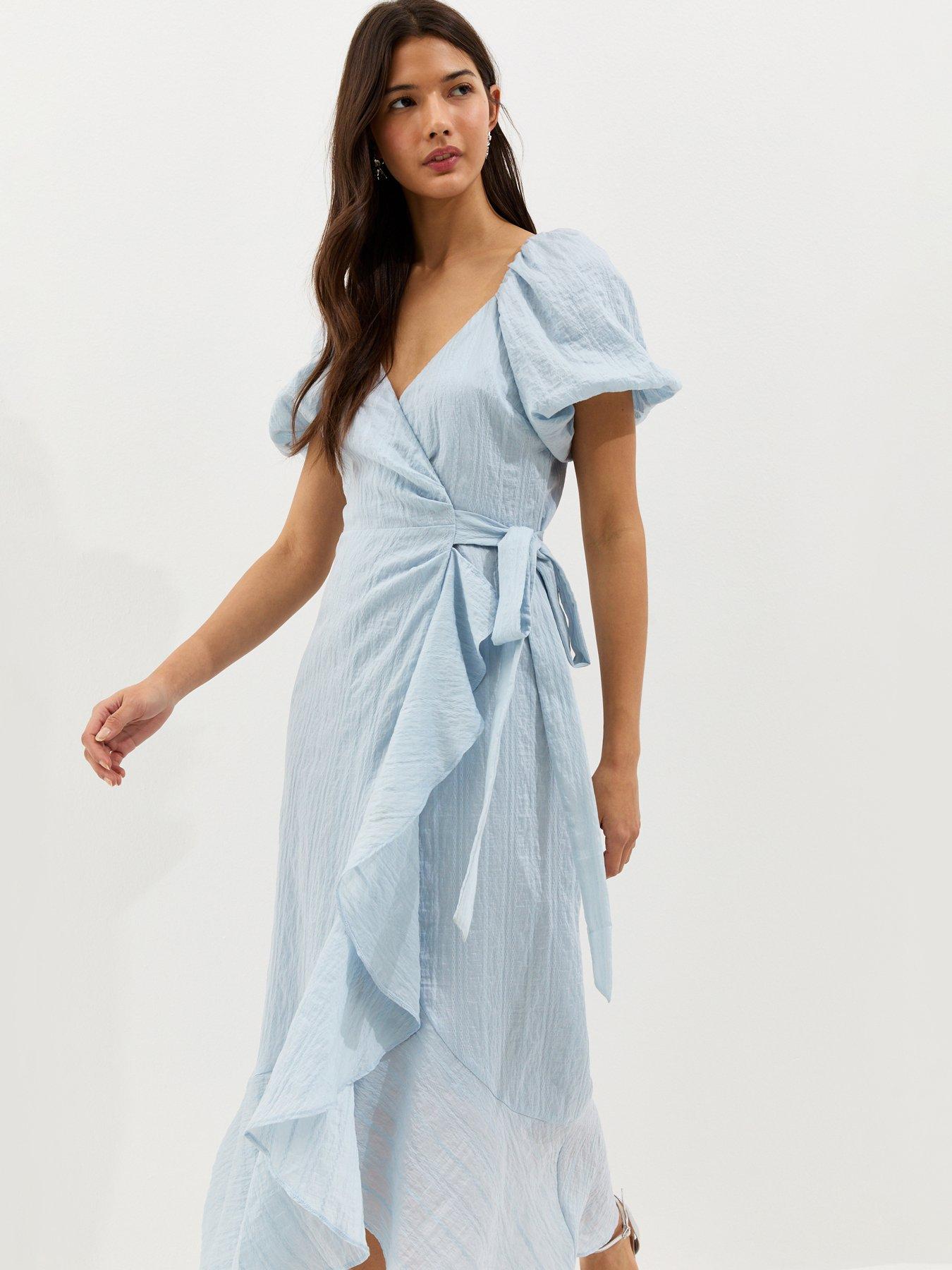 Image 3 of 5 of New Look Textured Ruffle Trimmed Wrap Midi Dress - Light Blue