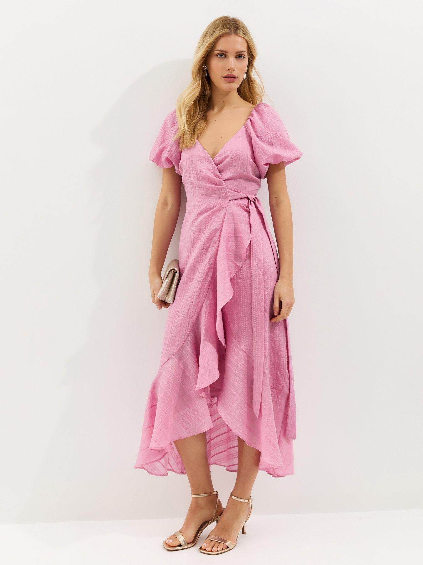 New Look Pink Textured Ruffle Trimmed Wrap Midi Dress