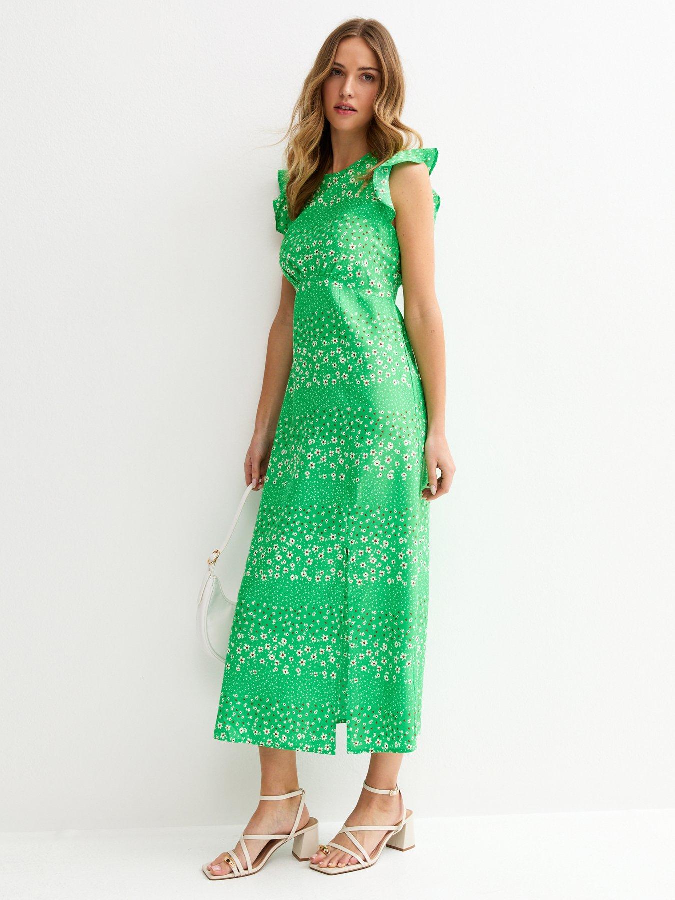 New Look Floral Flutter Sleeve Midi Dress - Green