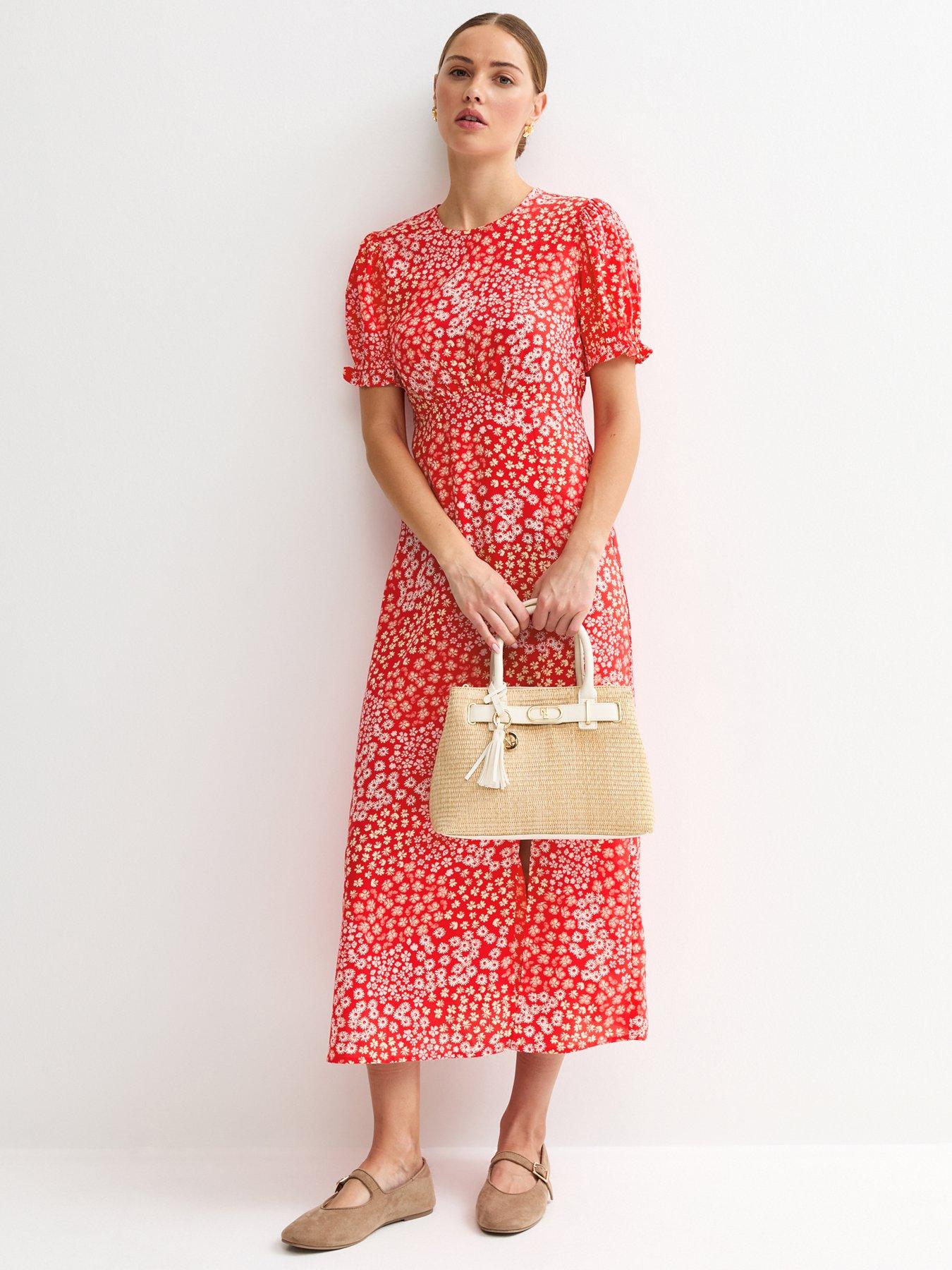 New Look Red Crepe Floral Print Mix Short Sleeve Midi