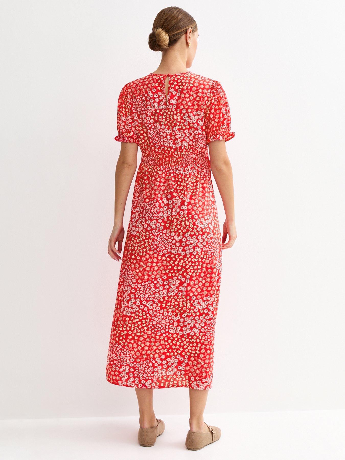 Image 2 of 5 of New Look Crepe Floral Print Mix Short Sleeve Midi Dress - Red